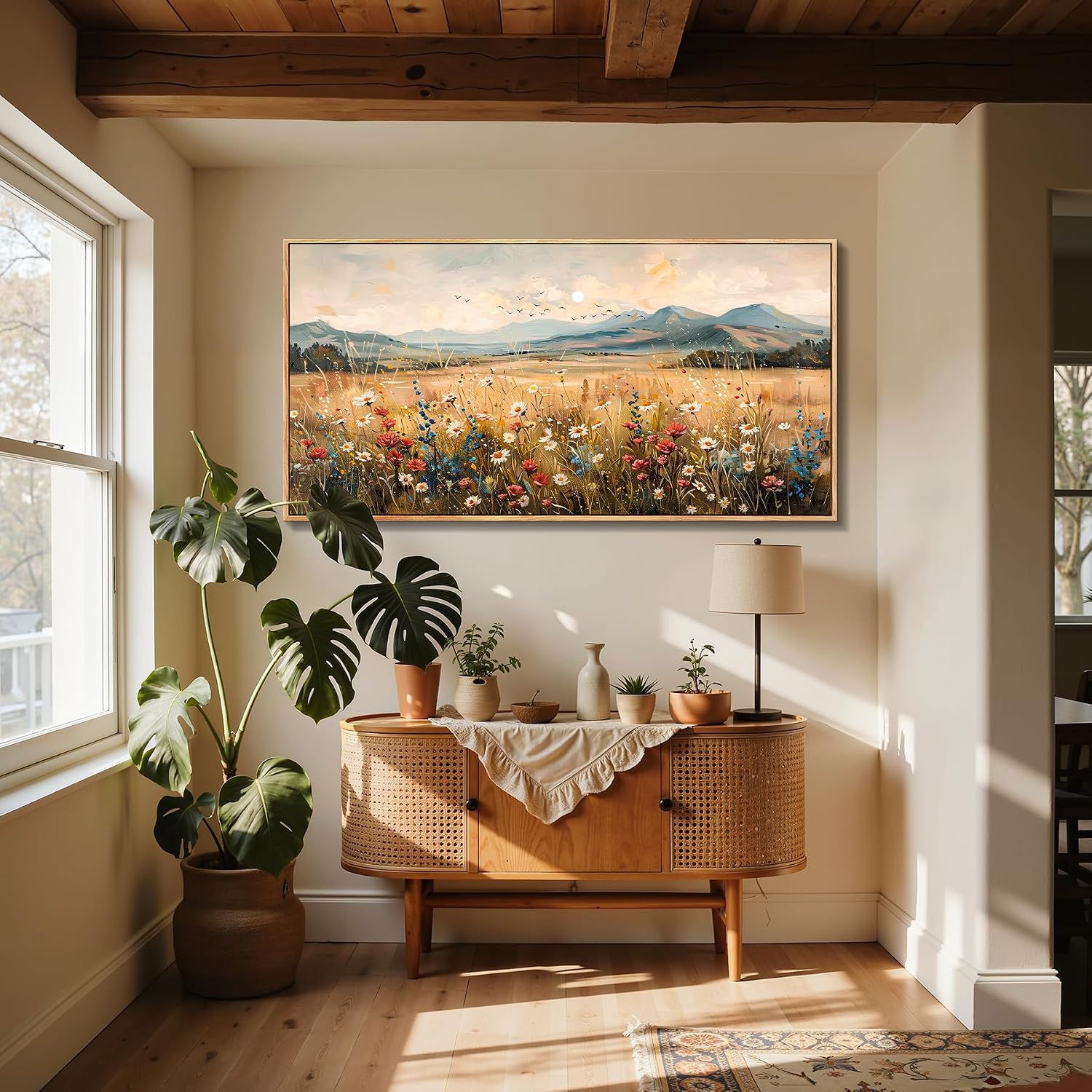 imjiayu Extra Large Wall Art, Landscape Wall Art, Rustic Wall Decor, Country Wildflowers Framed Art Prints, Neutral Oversized Paintings for Living Room Dining Room Farmhouse Home Decoration 29'x57'