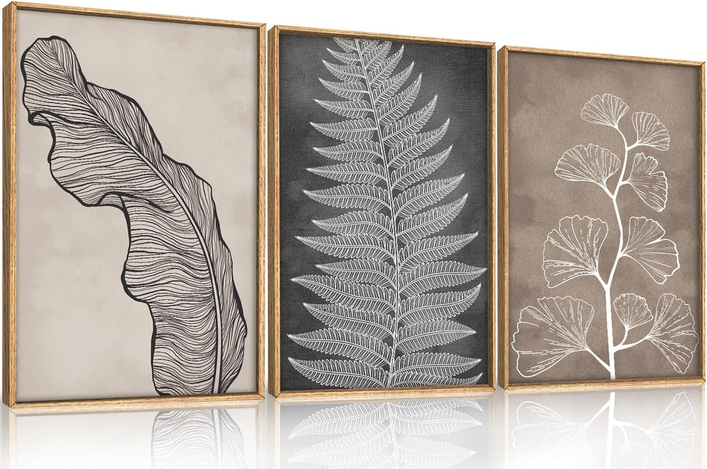 HLNIUC Botanical Neutral Framed Wall Art Set, Abstract Fern Leaf Canvas Wall Decor, Vintage Rustic Plant Wall Painting, Black Beige Nature Art Print for Living Room, Bedroom, Office - 24'x36'x3