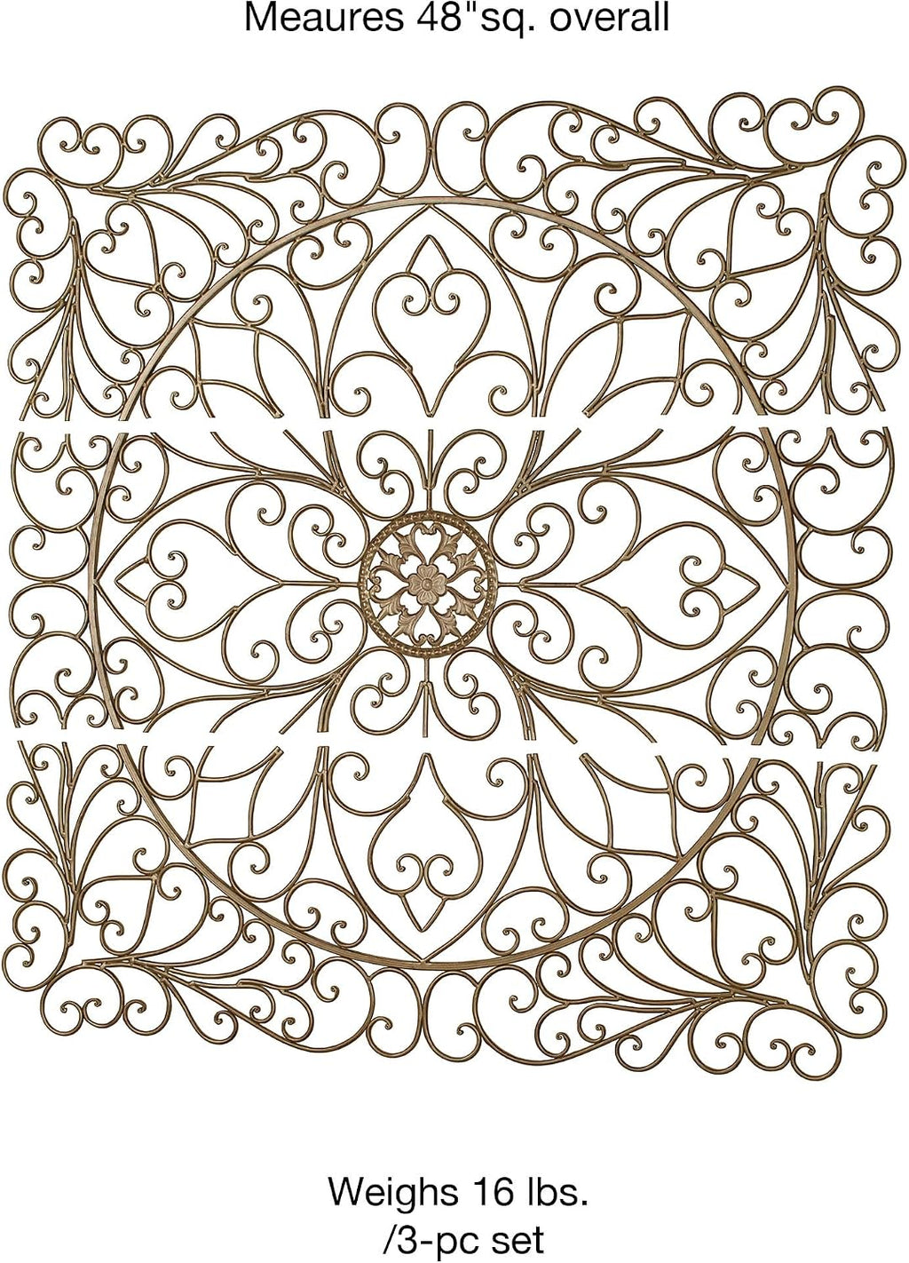 Brynnley Medallion Metal Wall Art Antique Gold | Set of Three | Square Shape | Painted by Hand | Hanging Decor for Above Couch, Bed, Living Room