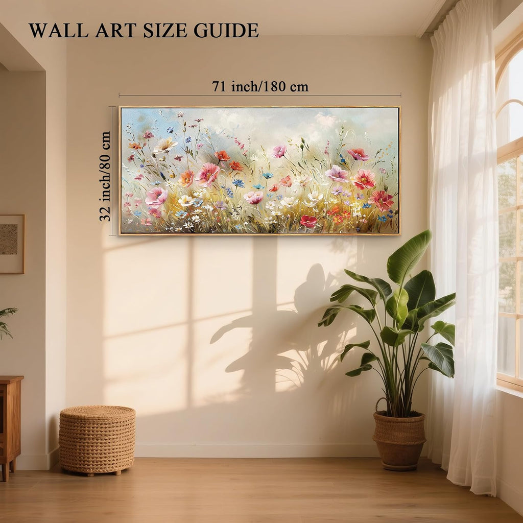 crmotu Floral Wall Art, Extra Large Wall Art, Flower Wall Decor, Oversized Framed Artwork for Walls, Colorful Wildflower Art Prints, Botanical Painting for Living Room Office Dining Room Hotel 32'x71'