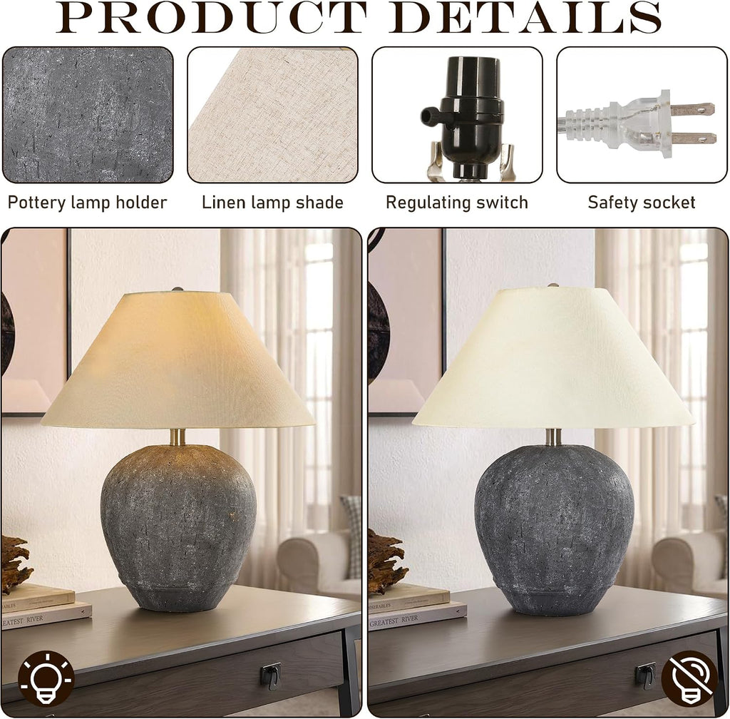 Pia Ricco 21'' Large Gray Base Ceramic Basin Table Lamp Set of 2 for Bedroom, Living Room, Dining Room, Office, White Shade