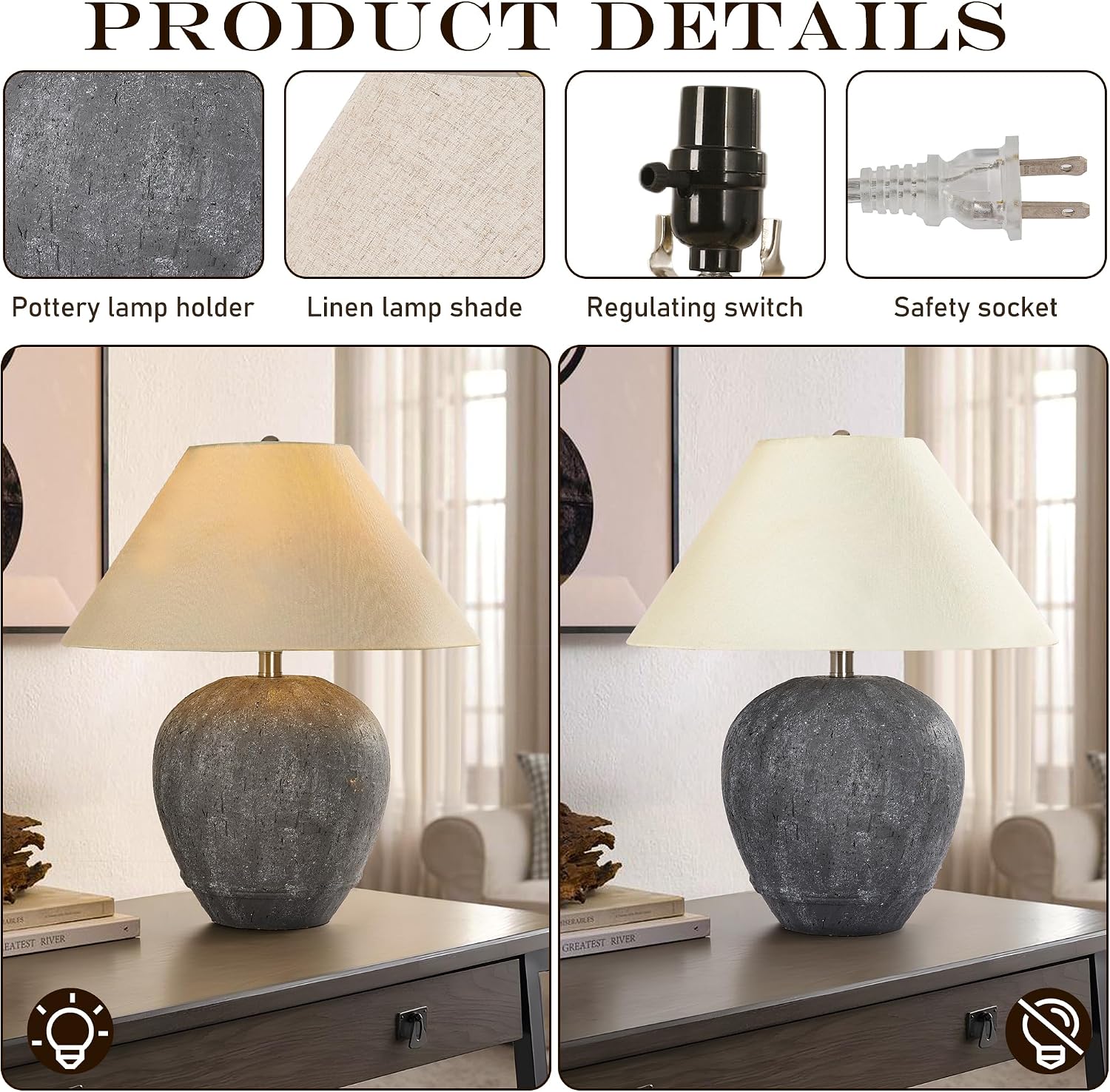 Pia Ricco 21'' Large Gray Base Ceramic Basin Table Lamp Set of 2 for Bedroom, Living Room, Dining Room, Office, White Shade