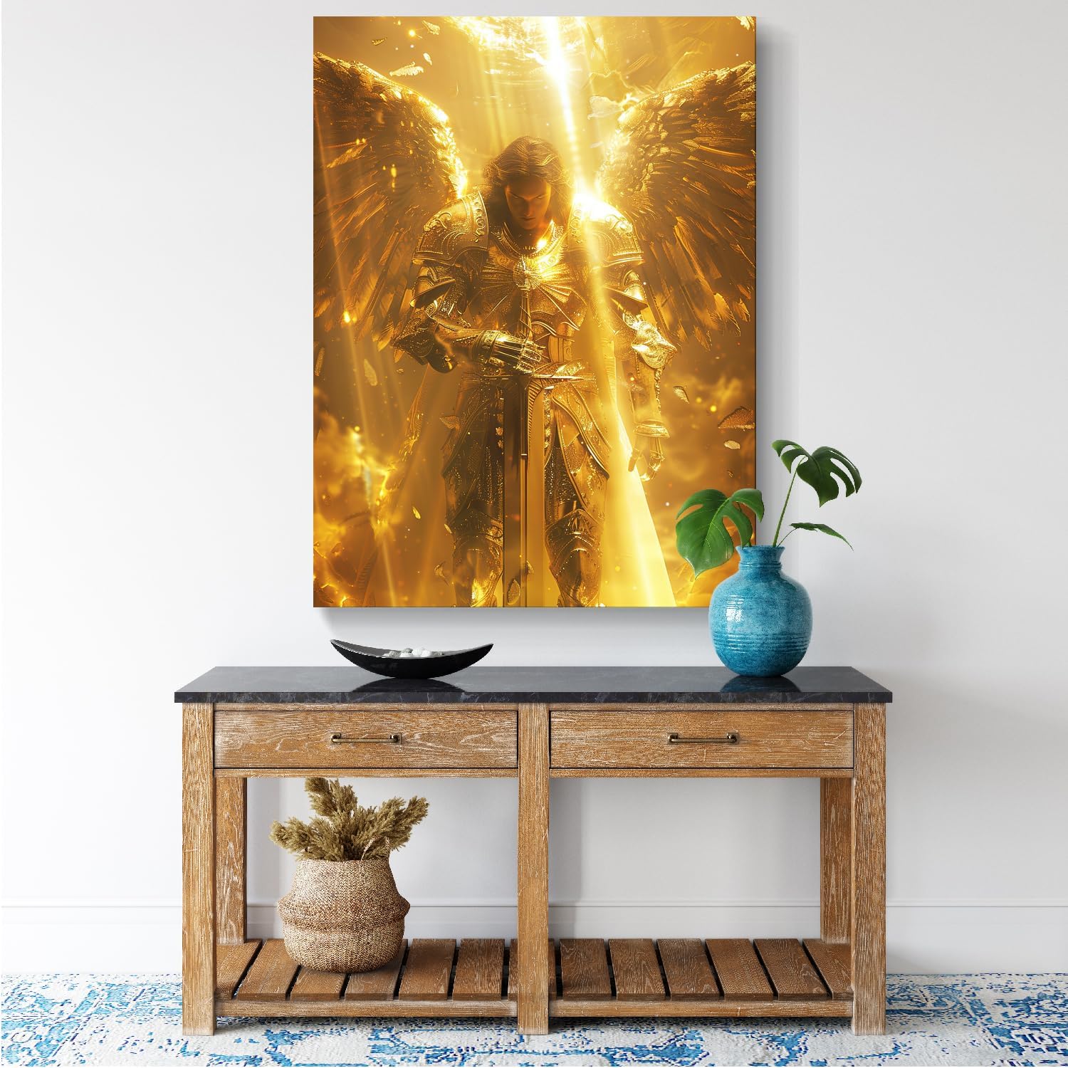 vandlife Bible Stories Canvas Wall Art Heavenly Guardian Archangel Michael Wearing Golden Armor Painting Framed Religious Tranquility Prints for Home Office Decor 36x48in