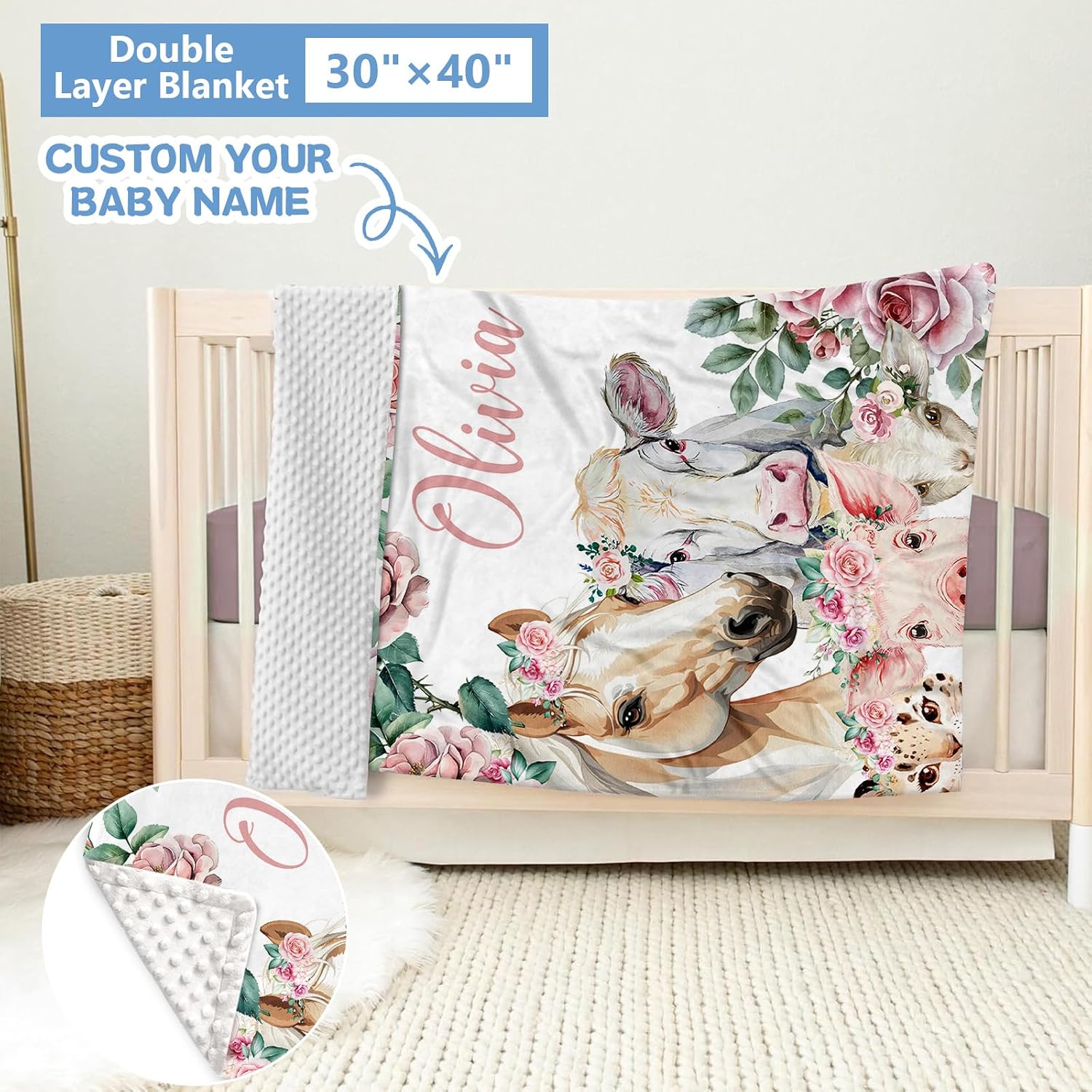 KAINSY Personalized Floral Animal Crib Bedding Set, 5 Pcs Custom Baby Crib Set with Name, Double Layer Nursery Bedding Set, Soft Baby Bedding Crib Set for Girls, Customized Gift for Toddler Infant