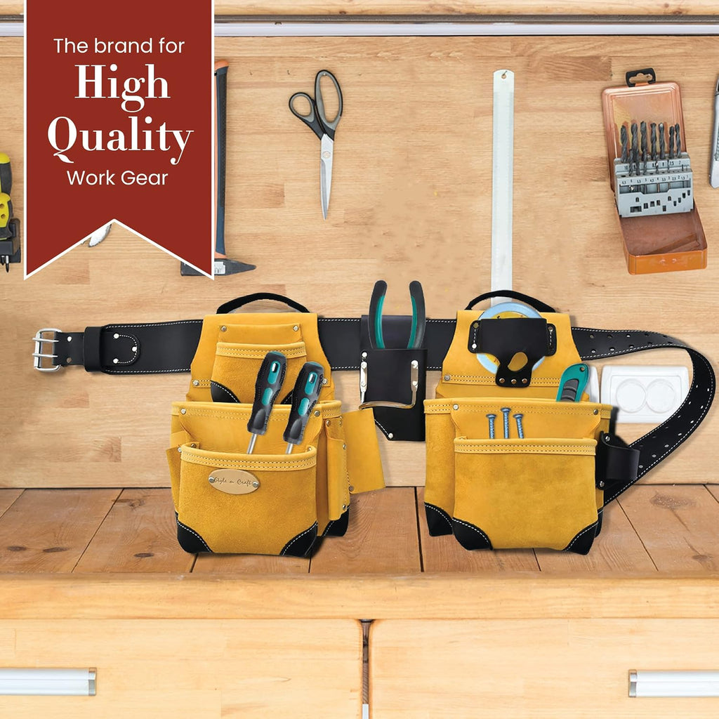 Style n Craft 4-Piece and 17-Pocket Pro Framer's Combo, Tool Belt with 2 Tool Pouches and 1 Pliers and Hammer Holder, Full-Grain Leather Tool Belt Combo, Yellow with Black Leather Corners (93414)