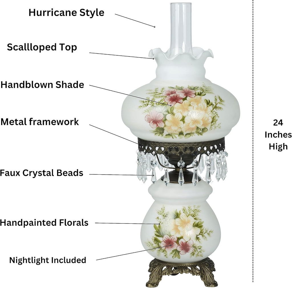 Touch of Class Abigail Hurricane Style Parlor Table Lamp - Antique Victorian Aesthetic - Painted by Hand - Floral Designs - Vintage Lighting for Bedroom, Living Room, Office Desk, Hotel and Bedside