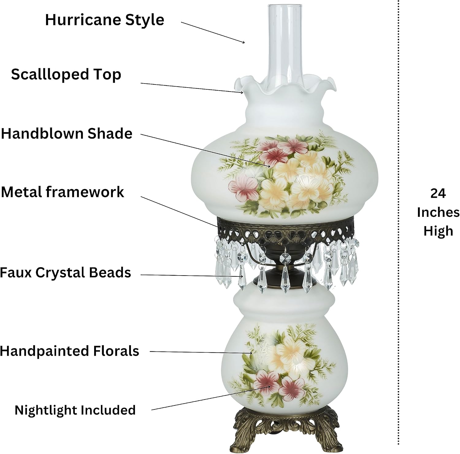 Touch of Class Abigail Hurricane Style Parlor Table Lamp - Antique Victorian Aesthetic - Painted by Hand - Floral Designs - Vintage Lighting for Bedroom, Living Room, Office Desk, Hotel and Bedside