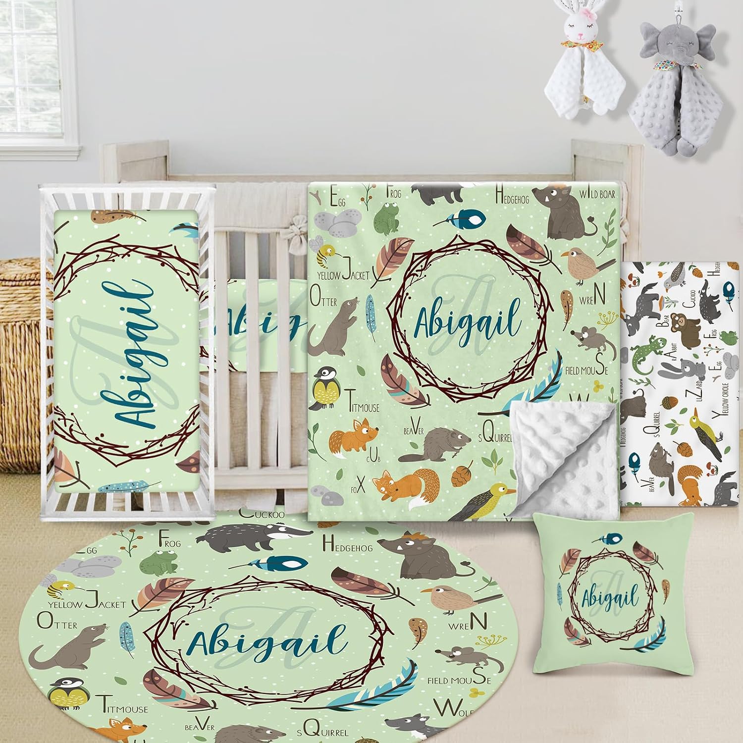 Custom Baby Crib Bedding Set - 5 Piece Nursery Crib Set Woodland Animals Design - Personalized Name Blanket with Dotted Backing, Crib Sheet, Changing Pad Cover, Pillow Cover, Rug for Newborns Color03
