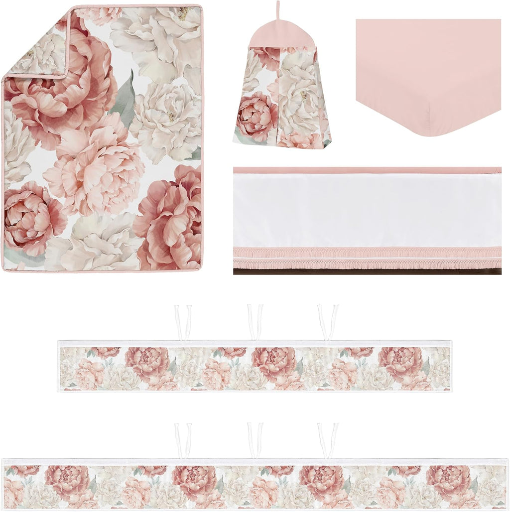 Sweet Jojo Designs Blush Pink Boho Shabby Chic Floral Girl Baby Crib Bedding Set Infant Nursery Room BreathableBaby Breathable Mesh Crib Liner Blanket Fitted Sheet Skirt 6p Ivory Bohemian Watercolor