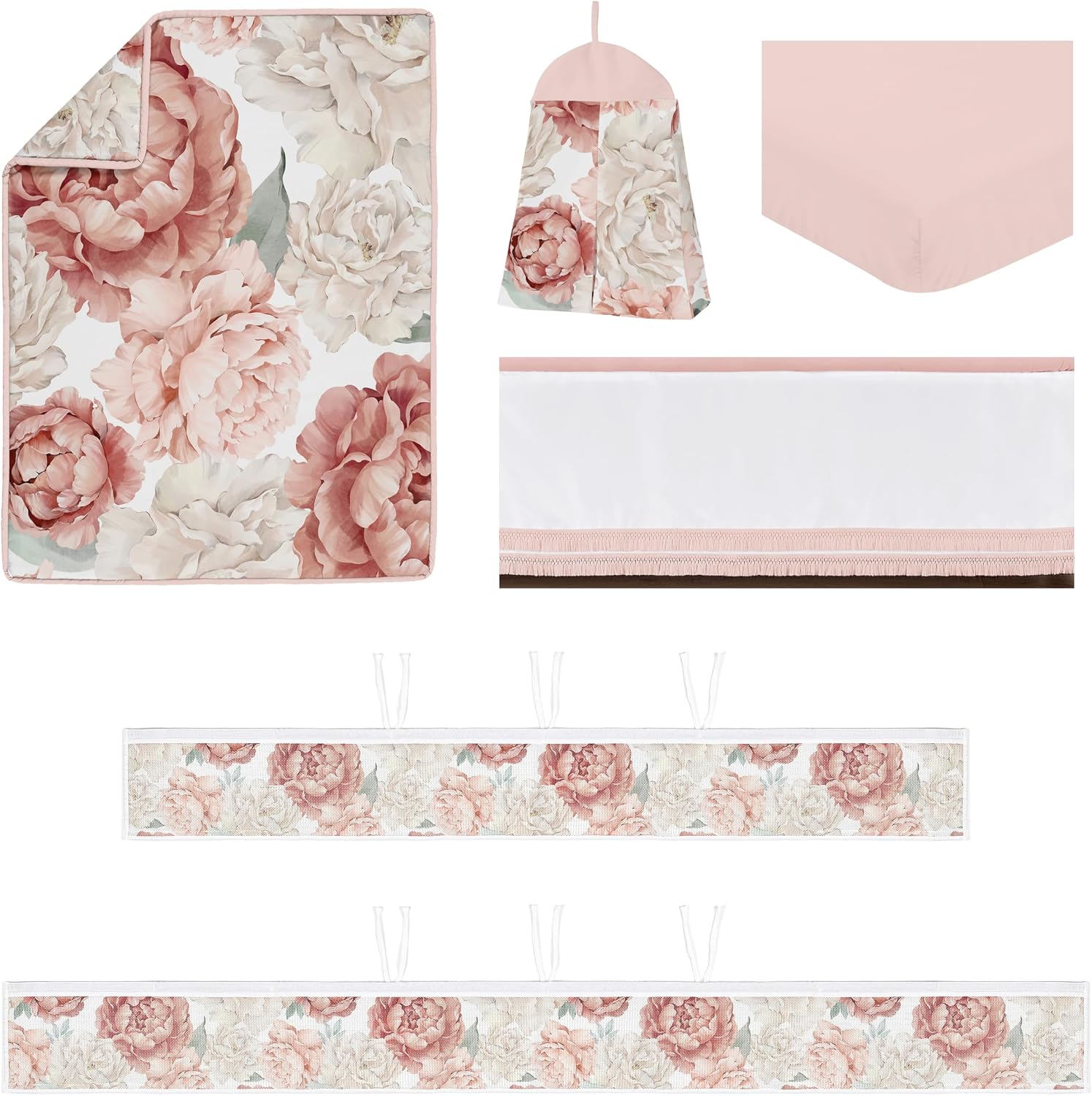 Sweet Jojo Designs Blush Pink Boho Shabby Chic Floral Girl Baby Crib Bedding Set Infant Nursery Room BreathableBaby Breathable Mesh Crib Liner Blanket Fitted Sheet Skirt 6p Ivory Bohemian Watercolor