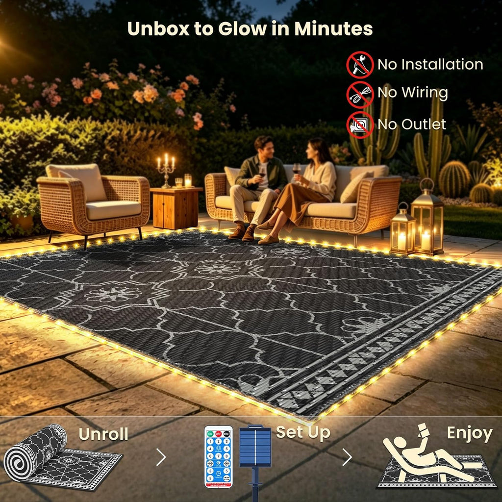 9x12Ft Outdoor Rug, Solar Powered Outdoor Rug with 131LEDs Strip Lights for House Deck, Waterproof Plastic Reversible Outdoor Straw Rugs, Rugs Mat RV Camping Patio Beach Balcony Picnic (Black Gray)