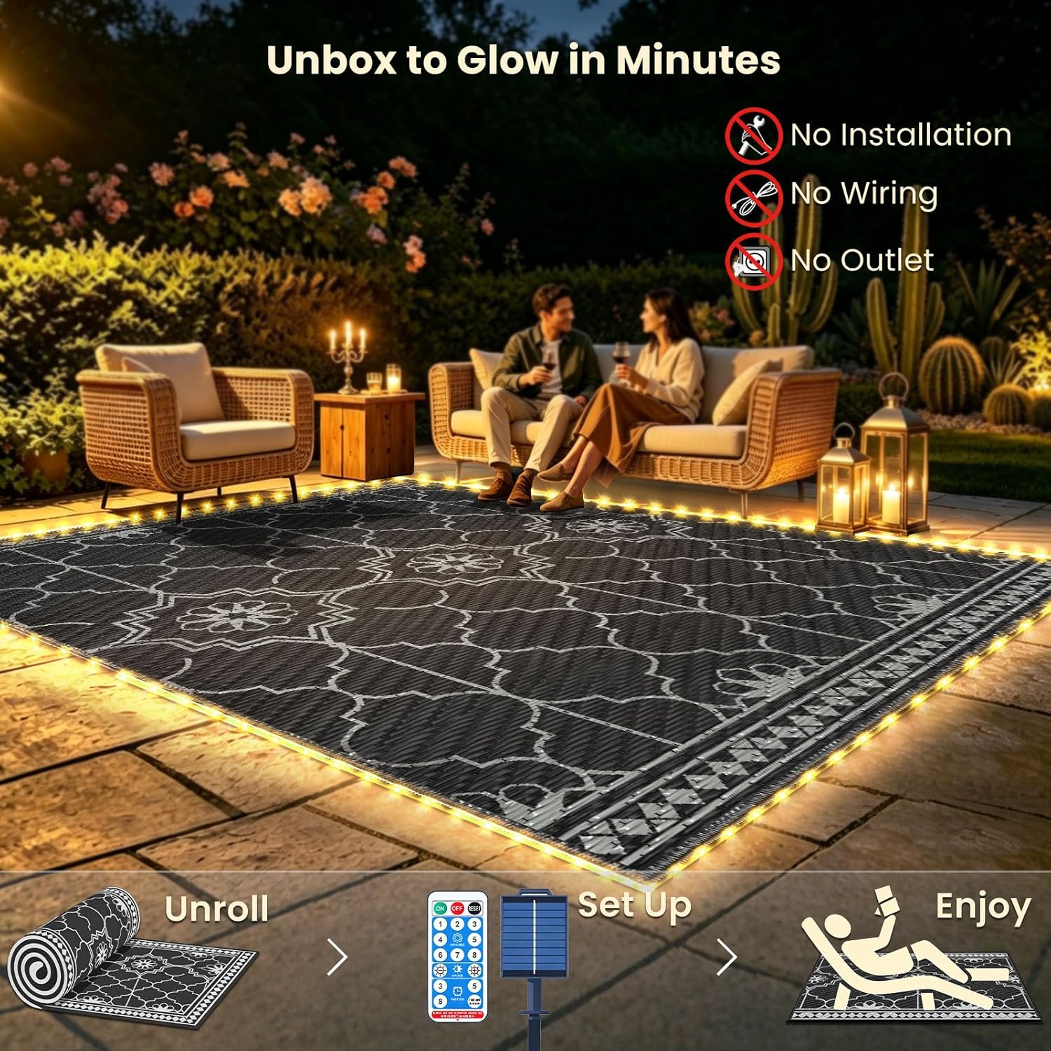9x12Ft Outdoor Rug, Solar Powered Outdoor Rug with 131LEDs Strip Lights for House Deck, Waterproof Plastic Reversible Outdoor Straw Rugs, Rugs Mat RV Camping Patio Beach Balcony Picnic (Black Gray)