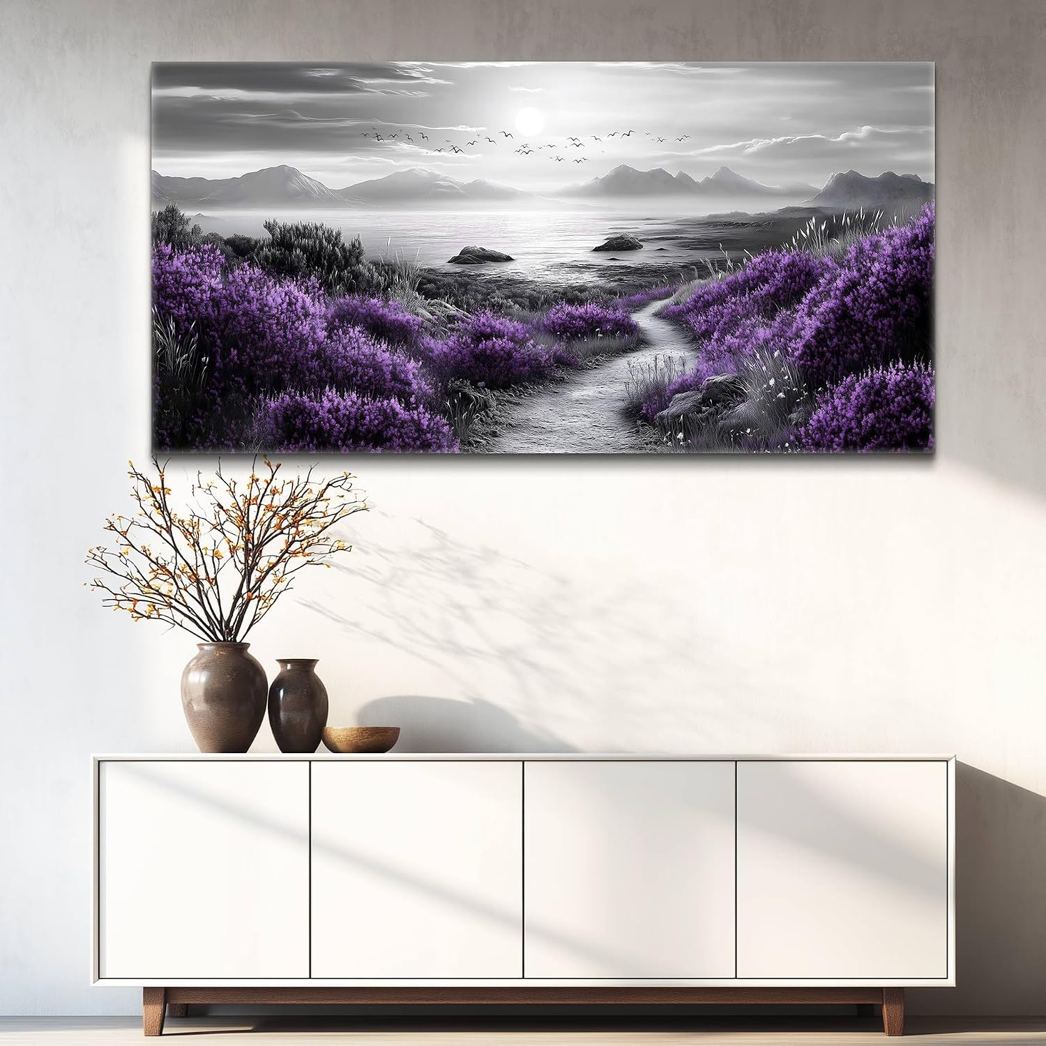 FUHAIHUA Canvas Wall Art For Living Room Large Wall Decor For Office Bedroom Decorations Purple Flowers Landscape Pictures Black And White Painting Artwork Wall Mural Aesthetic Home Decor 30x60 In