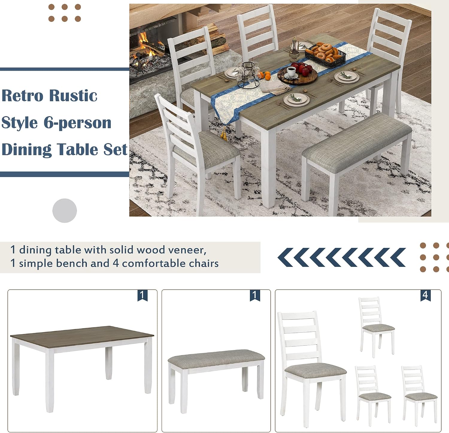 Rustic Farmhouse 6-Piece Dining Room Table Set, Counter Height Wooden Kitchen Dining Set with 4 Upholstered Chairs and Padded Bench, Kitchen Set for 6 (Brown+Whitewash)