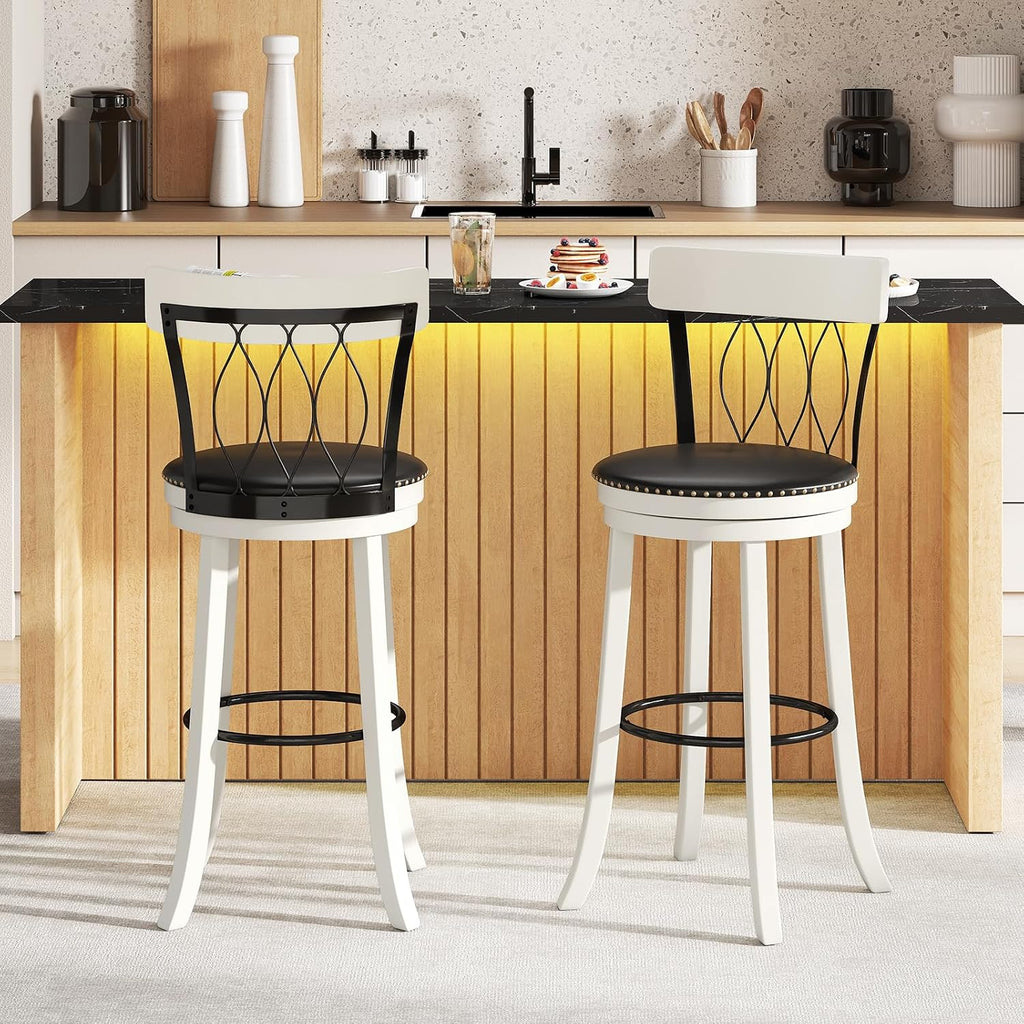 Giantex 30' Bar Stools Set of 4, Swivel Bar Height Bar Chairs with Footrest, Rubber Wood Frame & Tufted Rivets, Upholstered Modern PVC Leather Barstools for Kitchen Island & Pub