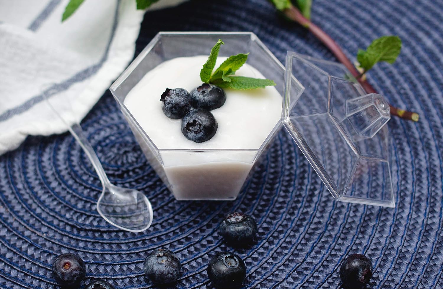 Hexagonal Mini Bowl-Lids & Spoons Included- 3.3 ounce -320 Count -Clear Plastic - Six Sided Bowl - Flower Cup-Mini Dessert Cup- Serving Bowl -Snack Bowl-Disposable or Reusable CASE OF 320