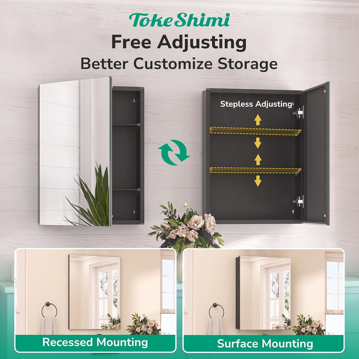 TokeShimi 14x24 Bathroom Mirror with Storage Tempered, Aluminum Black Recessed Medicine Cabinet with Mirror Frameless Stepless Adjustable Shelf, Surface Mount Medicine Cabinet for Bathroom