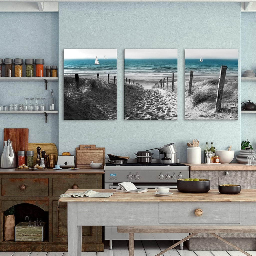 Beach Coastal Wall Art Blue Ocean Landscape Wall Decor for Living Room Bathroom Black and White Scenery Canvas Prints Pictures Seascape Sand Dune Paintings Artwork Office Home Decorations 16x24' 3 Pcs
