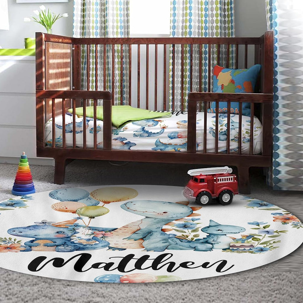 Personalized Crib Bedding Set for Baby Boys Girls, Custom Name Baby Crib Sets 5-Pcs - Toddler Double Layer Blanket Fitted Sheet Changing Pad Cover Rug Wall Art Set, Dinosaur Theme Nursery Décor