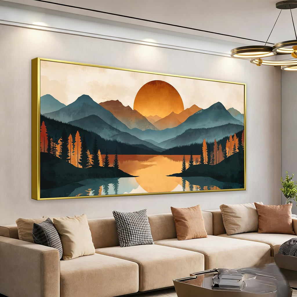 Colorful Mountain Boho Wall Art For Living Room Large Gold Framed Wall Art Canvas Art Wall Decor For Office Modern Bedroom Forest River Landscape Pictures Paintings Artwork 29 X 58 In