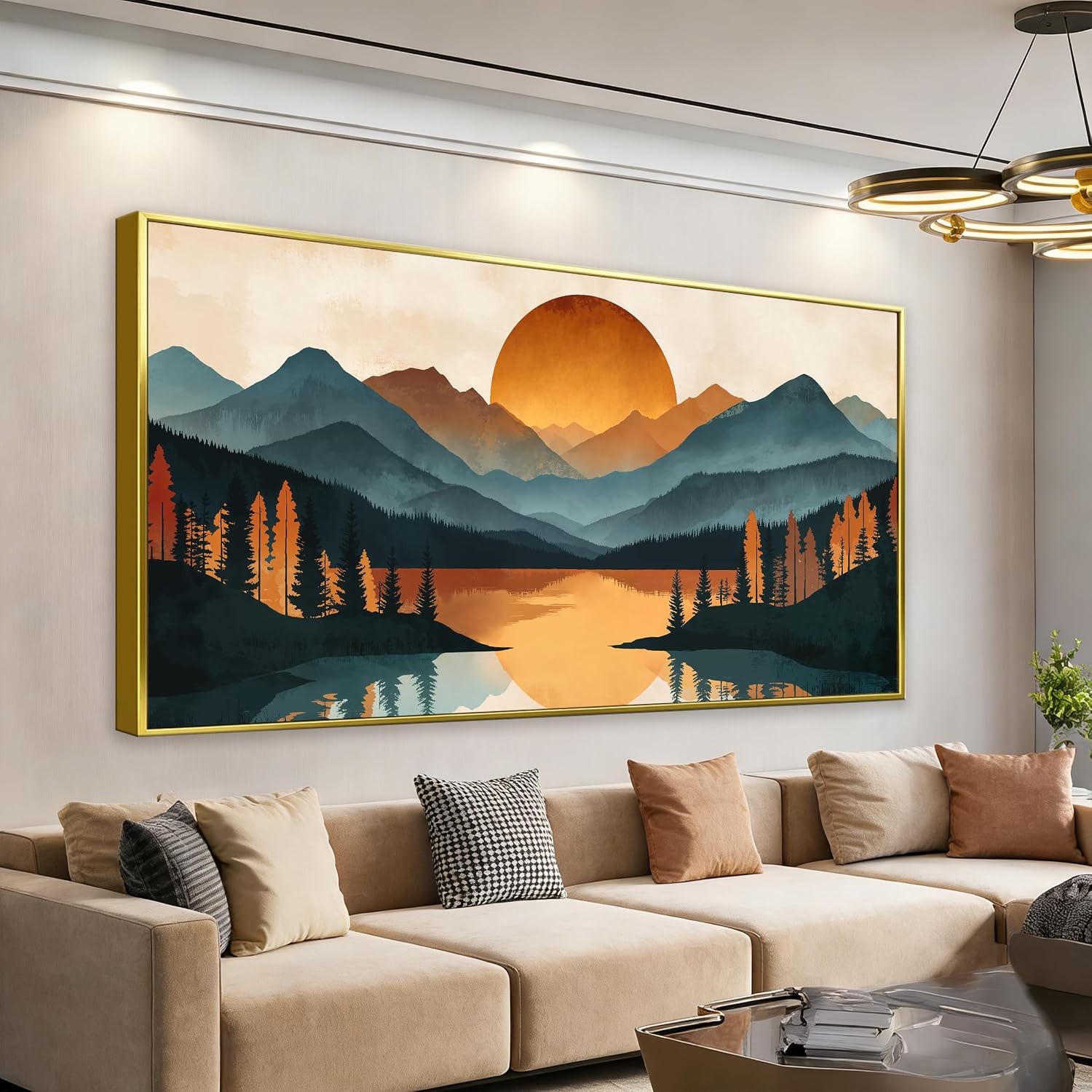 Colorful Mountain Boho Wall Art For Living Room Large Gold Framed Wall Art Canvas Art Wall Decor For Office Modern Bedroom Forest River Landscape Pictures Paintings Artwork 29 X 58 In