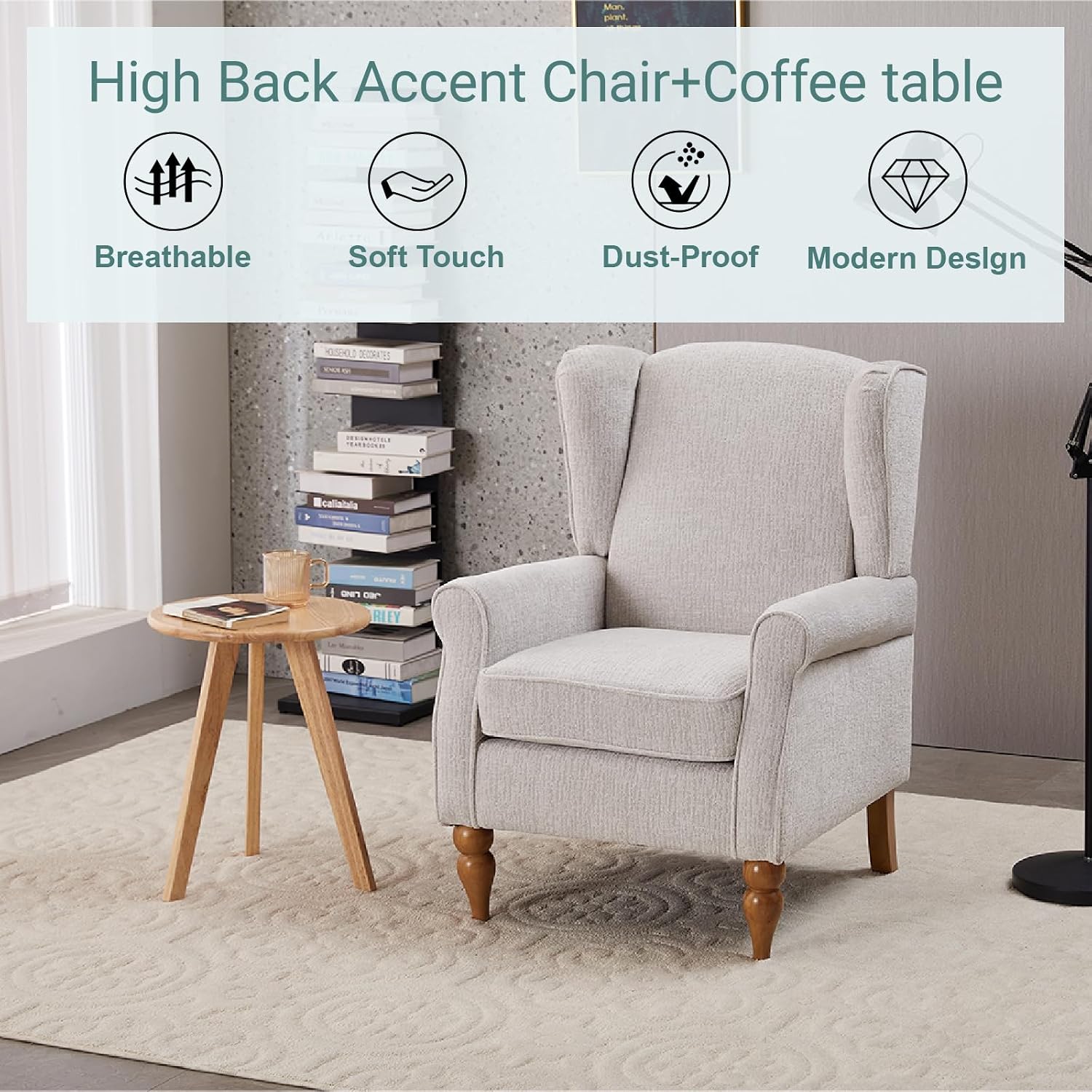 Mid-Century High Wingback Chair,Modern Fabric Accent Chair Armchair with Solid Wood Coffee Table Set,Leisure Single Sofa Chair for Living Room,Club,Home Reception,Beige
