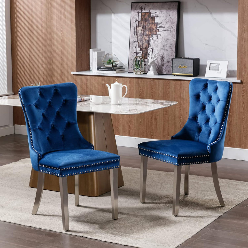 2 Piece Contemporary Velvet Upholstered Dining Chair with Chrome Stainless Steel Plating Legs, Nail Head Decro, Armless Tufted Dining Chair Fabric Dining Room Chair (Blue&Silver, Set of 2)