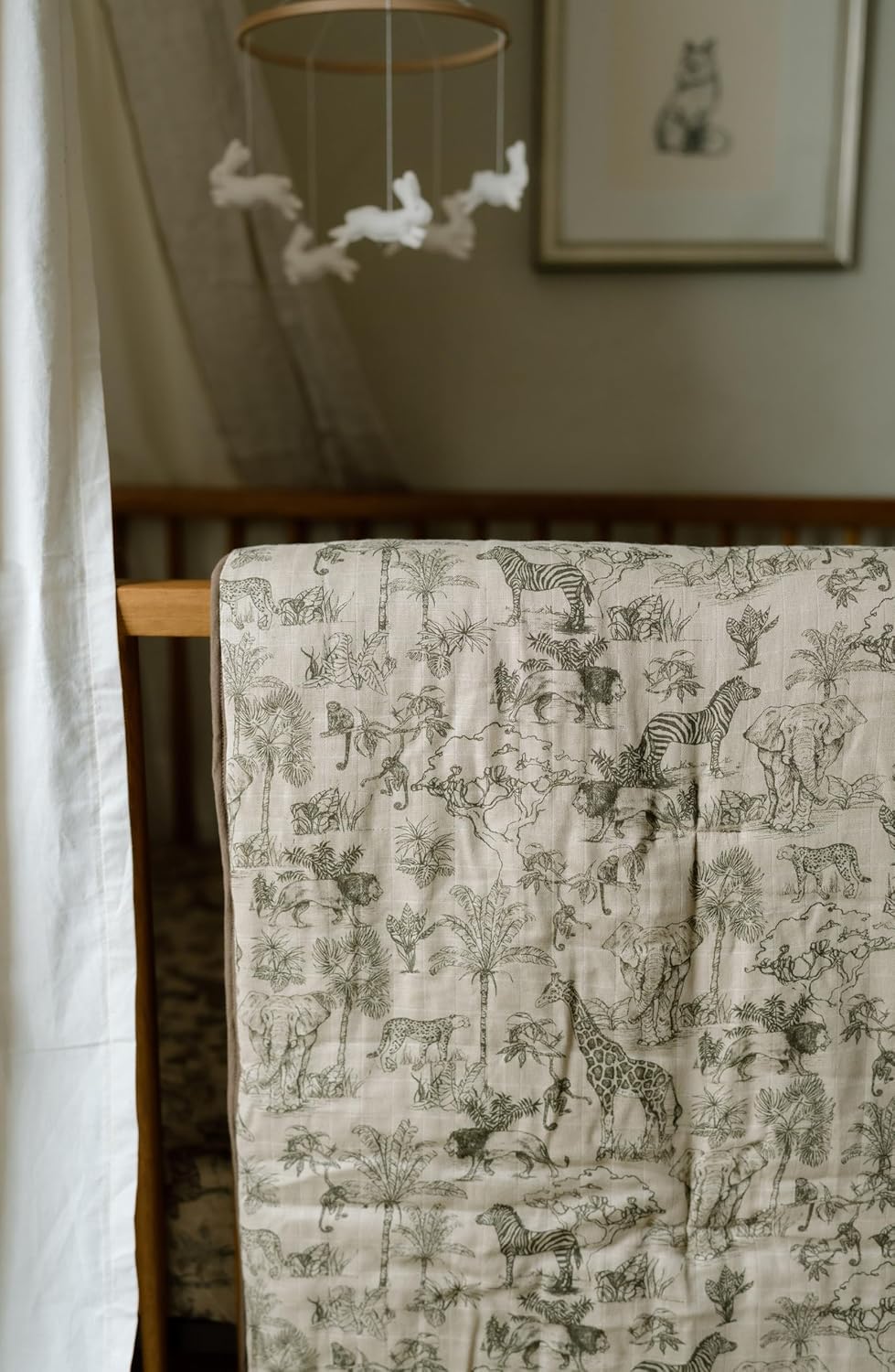Oilo Vintage Safari Crib Bedding Set, 5-Layer Organic Cotton Muslin Crib Quilt & Sham, Jungle Elephant Giraffe Lion Zebra, Toddler Comforter 45x60, Reversible, Neutral Boy Nursery