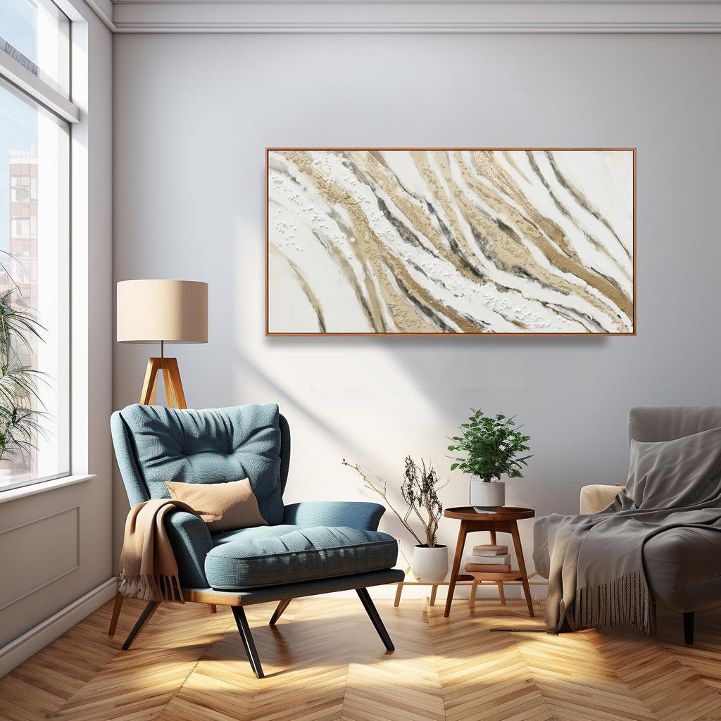 Abstract Wall Art Framed Artwork Abstract Painting With Golden And White Lines Decor Modern Canvas Wall Decor Suitable For Bedroom Apartment Office Dining Room Wall Decor Can Be Hang 24'X48'