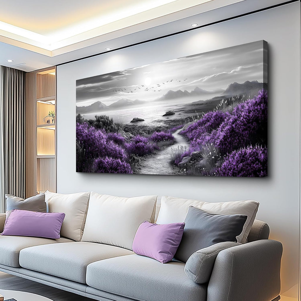 FUHAIHUA Canvas Wall Art For Living Room Large Wall Decor For Office Bedroom Decorations Purple Flowers Landscape Pictures Black And White Painting Artwork Wall Mural Aesthetic Home Decor 30x60 In
