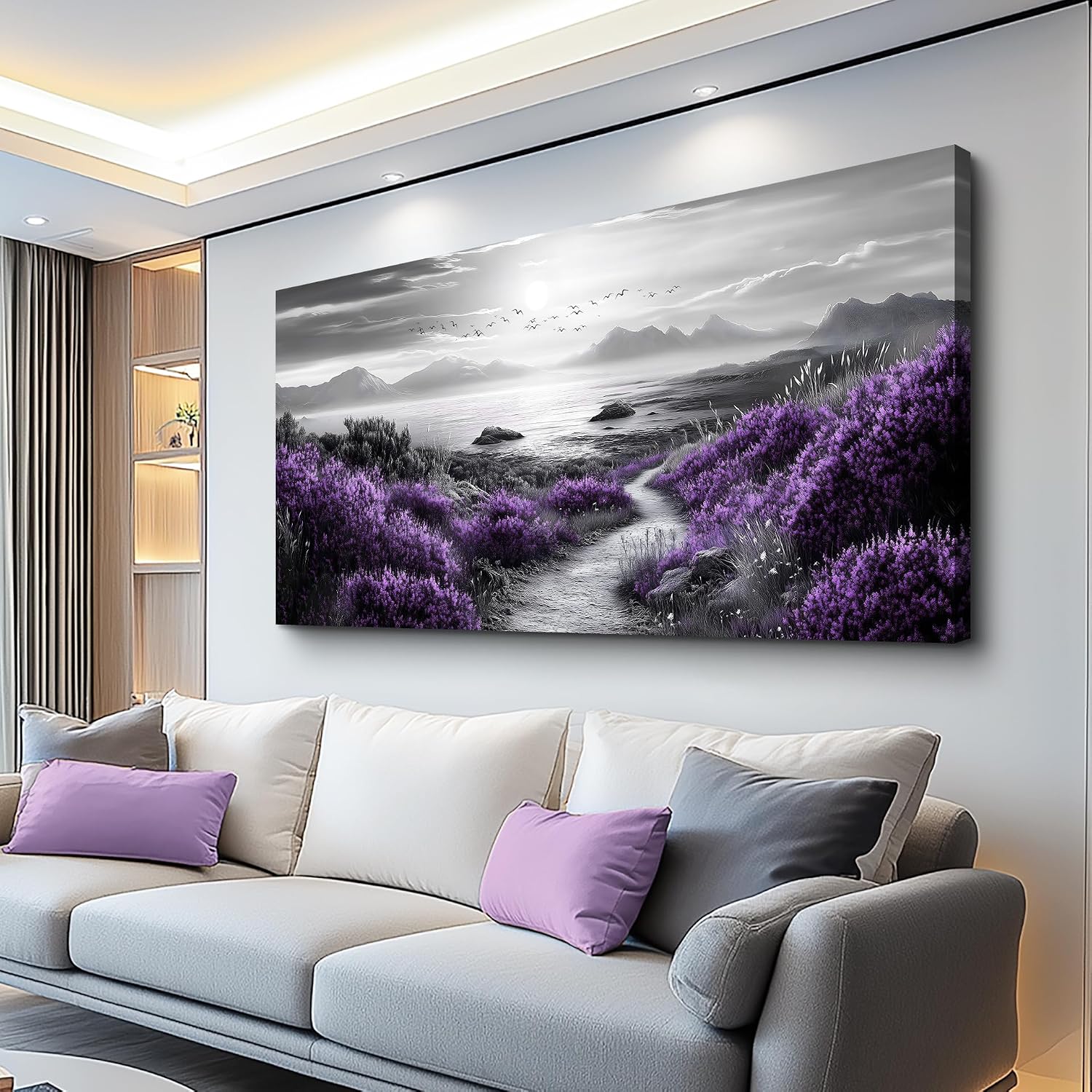 FUHAIHUA Canvas Wall Art For Living Room Large Wall Decor For Office Bedroom Decorations Purple Flowers Landscape Pictures Black And White Painting Artwork Wall Mural Aesthetic Home Decor 30x60 In