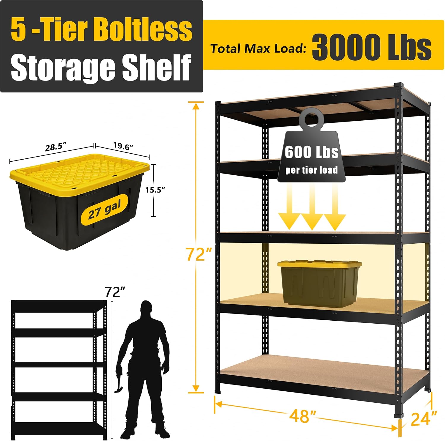 PrimeZone 2 Pack Storage Shelves 48' x 24' x 72' - 5 Tier Heavy Duty Adjustable Garage Storage Shelving, Metal Storage Utility Rack Shelf Unit for Warehouse Pantry Closet Kitchen, Black