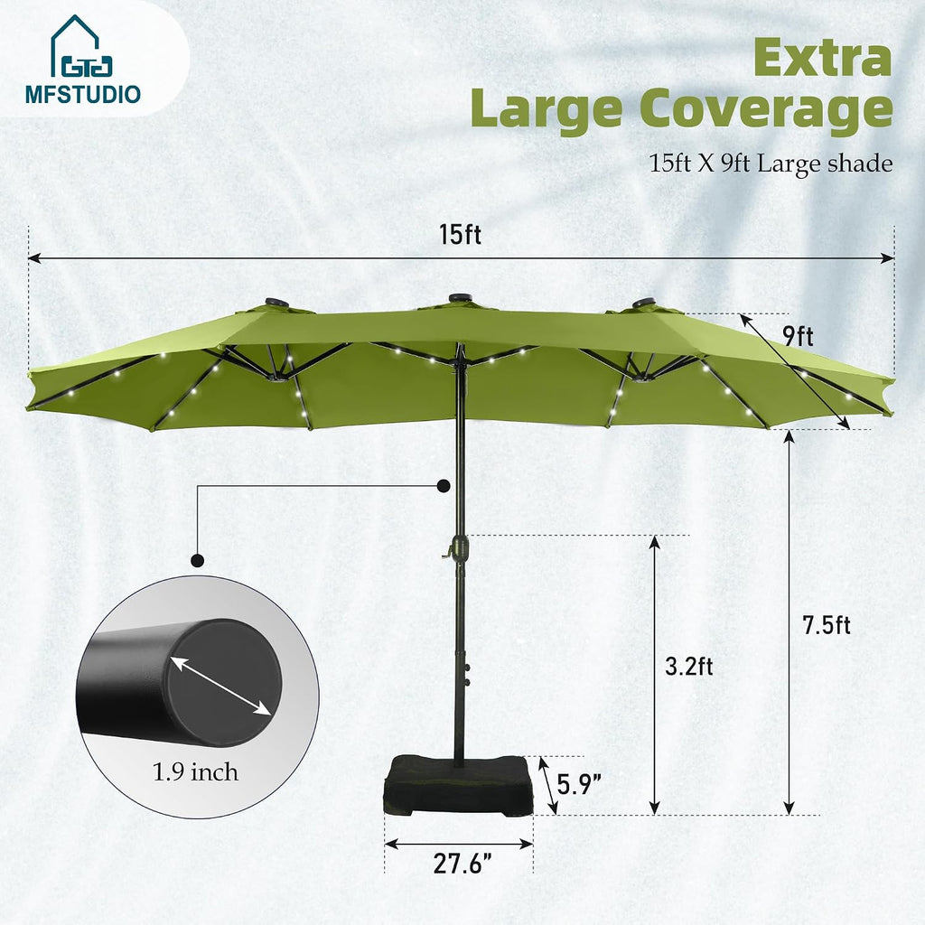 MFSTUDIO 15ft Double Sided Patio Umbrella with Solar Lights, Outdoor Large Umbrellas with Crank Handle and 36 LED Lights, Rectangular Market Umbrella with Base Included for Deck Pool Shade, Lime Green