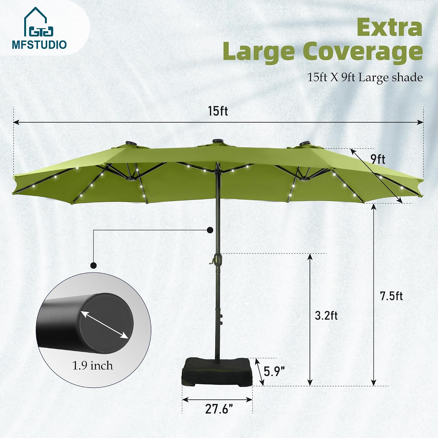 MFSTUDIO 15ft Double Sided Patio Umbrella with Solar Lights, Outdoor Large Umbrellas with Crank Handle and 36 LED Lights, Rectangular Market Umbrella with Base Included for Deck Pool Shade, Lime Green