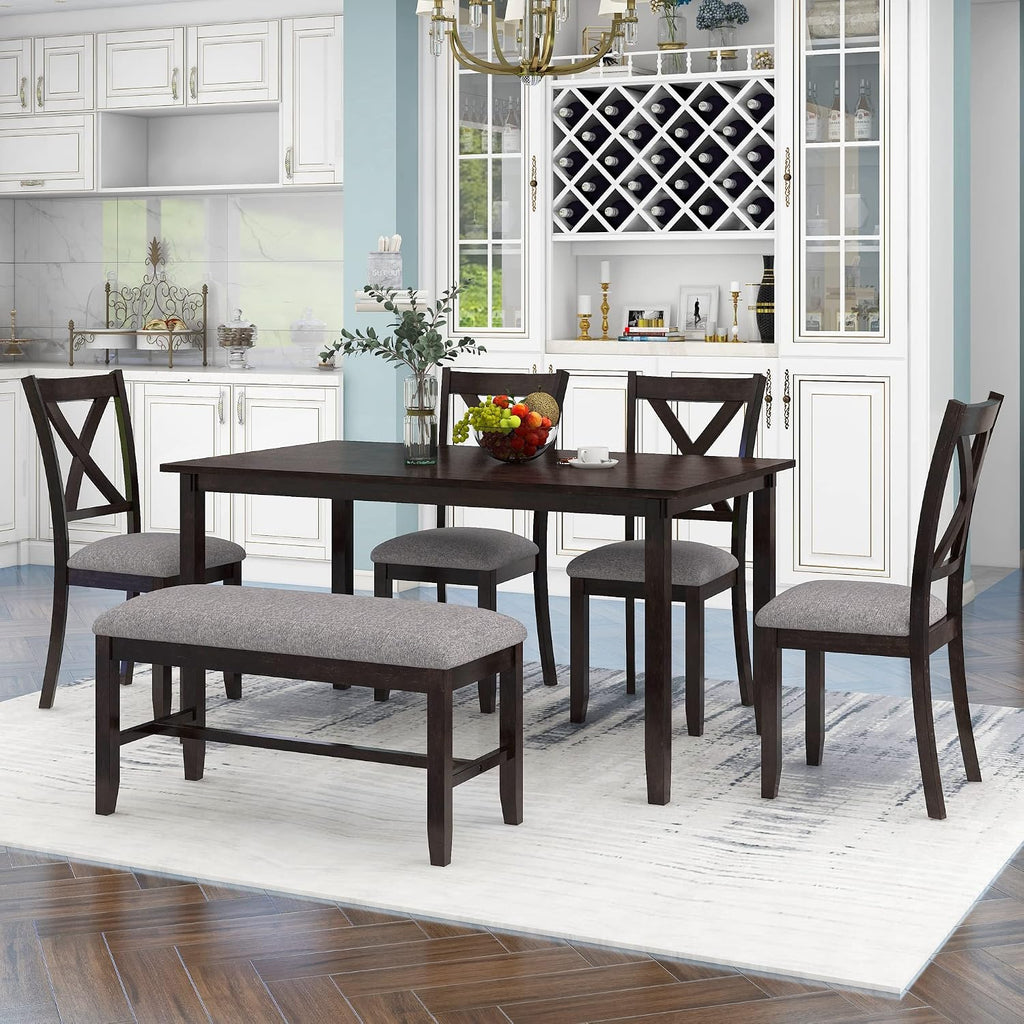6-Piece Dining Room Table Set, Rustic Farmhouse Wood Dining Table Set with Rectangular Table 4 Upholstered Padded Chairs and 1 Padded Bench, Dining Set for Family of 4-6 People (Espresso)