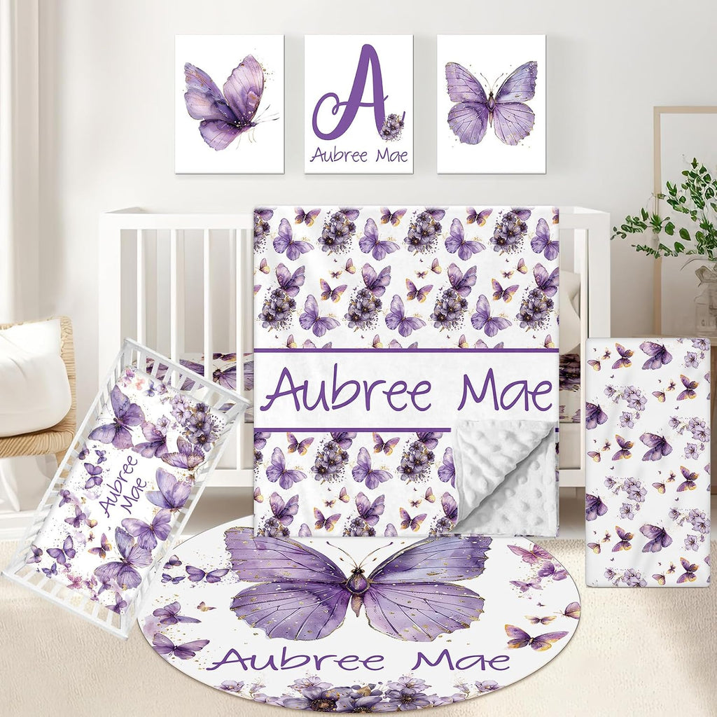 KAINSY Custom Crib Bedding Set 5 Pcs for Baby Girls – Personalized Purple Butterfly Theme, Newborn Sleep Set, Nursery Decor, Toddler Room Essentials, Infant Sleep, Baby Room Accessories, Baby Gift