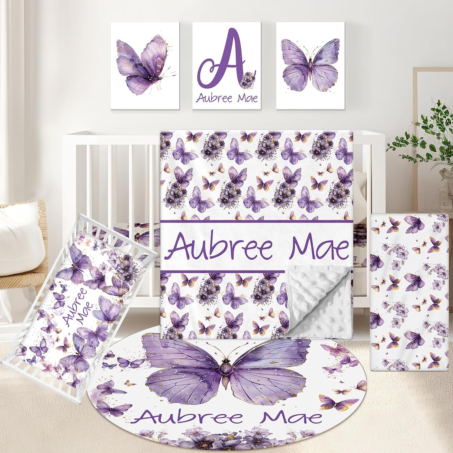 KAINSY Custom Crib Bedding Set 5 Pcs for Baby Girls – Personalized Purple Butterfly Theme, Newborn Sleep Set, Nursery Decor, Toddler Room Essentials, Infant Sleep, Baby Room Accessories, Baby Gift