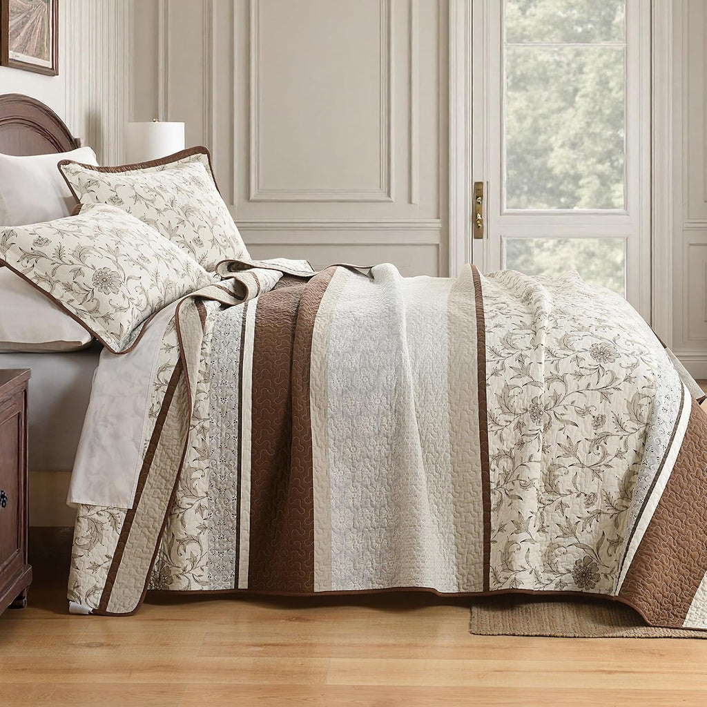 DDUOXIN 100% Cotton King Quilt - Modern Botanical Bed Quilts with 2 Pillow Shams, Floral Print Stripe Bedspread Lightweight Soft Thin Comforter Bedding Set, Brown/Gray/White