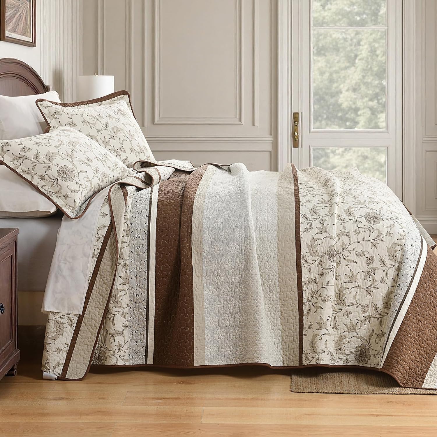 DDUOXIN 100% Cotton King Quilt - Modern Botanical Bed Quilts with 2 Pillow Shams, Floral Print Stripe Bedspread Lightweight Soft Thin Comforter Bedding Set, Brown/Gray/White