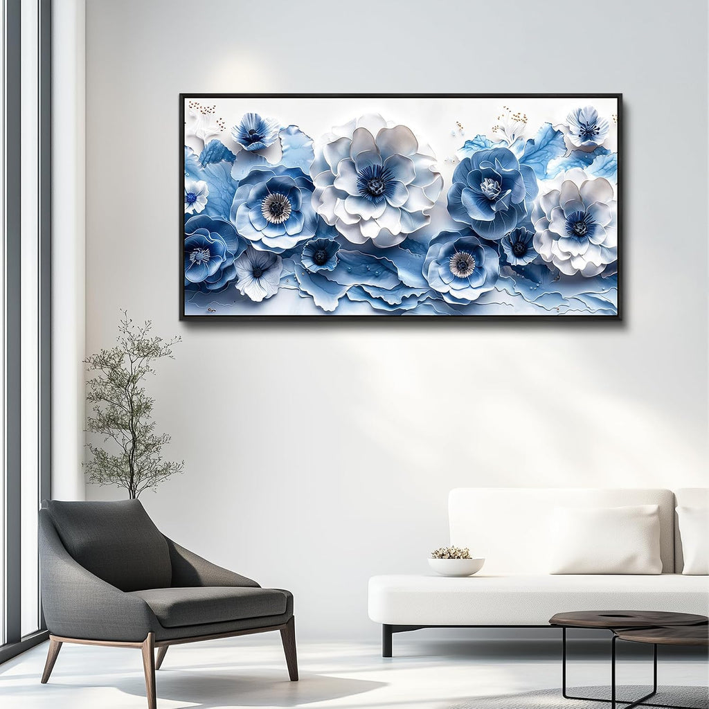 XIGUANGART Large Flower Prints Wall Art for Living Room Blue and White Paintings for Office Modern Black Framed Artwork Floral Pictures Wall Decoration for Bedroom Kitchen Women Aesthetic Home Decor