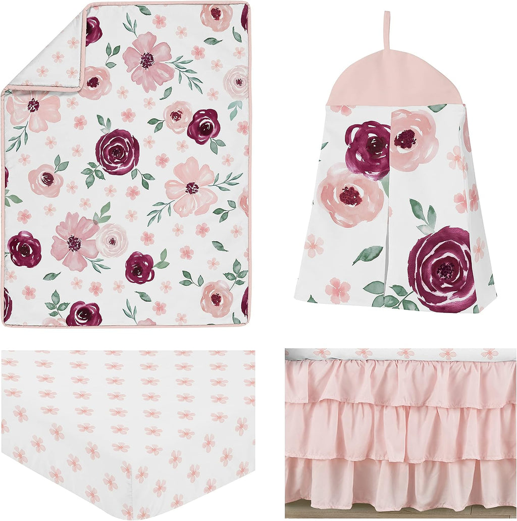 Sweet Jojo Designs Burgundy Watercolor Floral Baby Girl Nursery Crib Bedding Set - 4 Pieces - Blush Pink, Maroon, Wine, Rose, Green and White Shabby Chic Flower Farmhouse