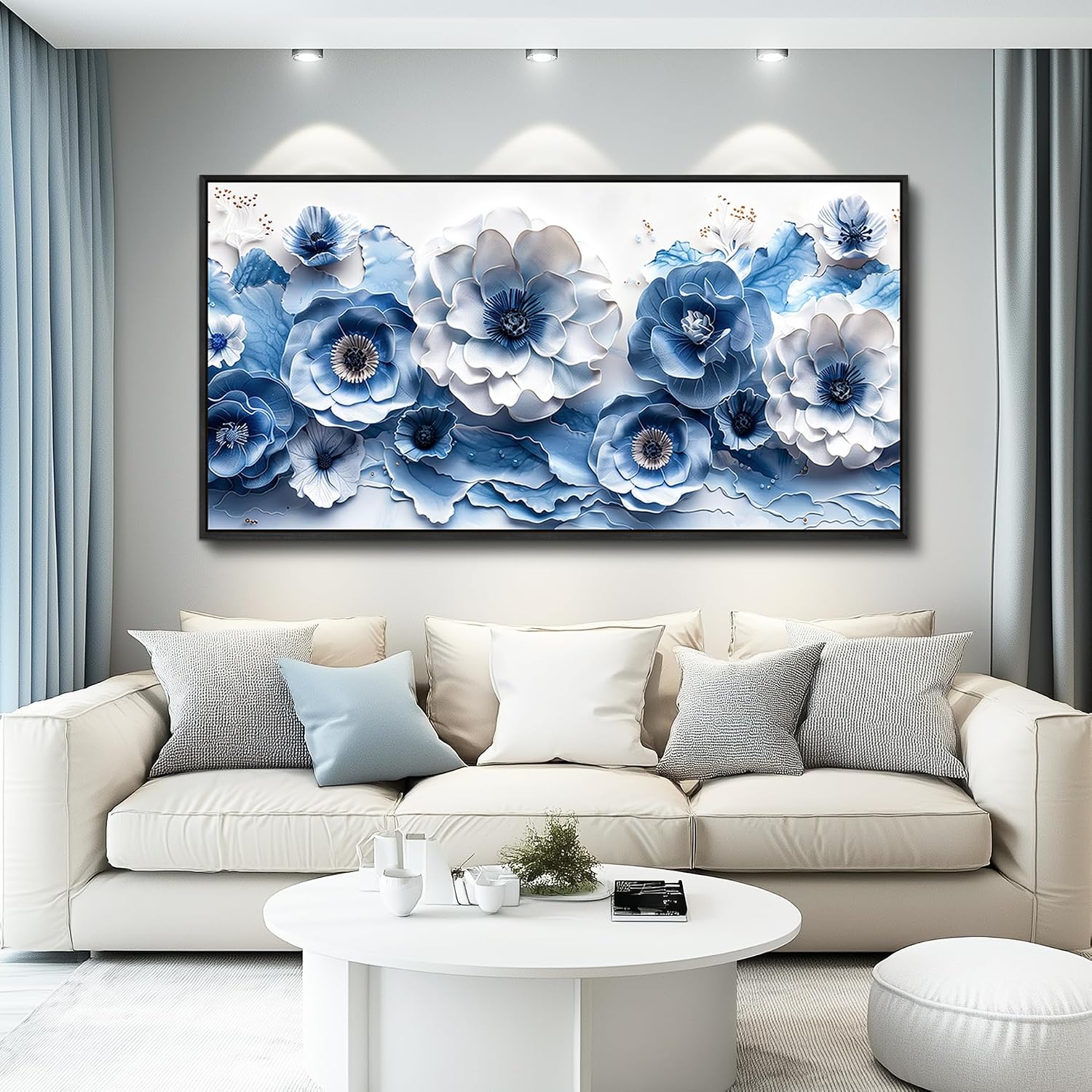 XIGUANGART Large Flower Prints Wall Art for Living Room Blue and White Paintings for Office Modern Black Framed Artwork Floral Pictures Wall Decoration for Bedroom Kitchen Women Aesthetic Home Decor