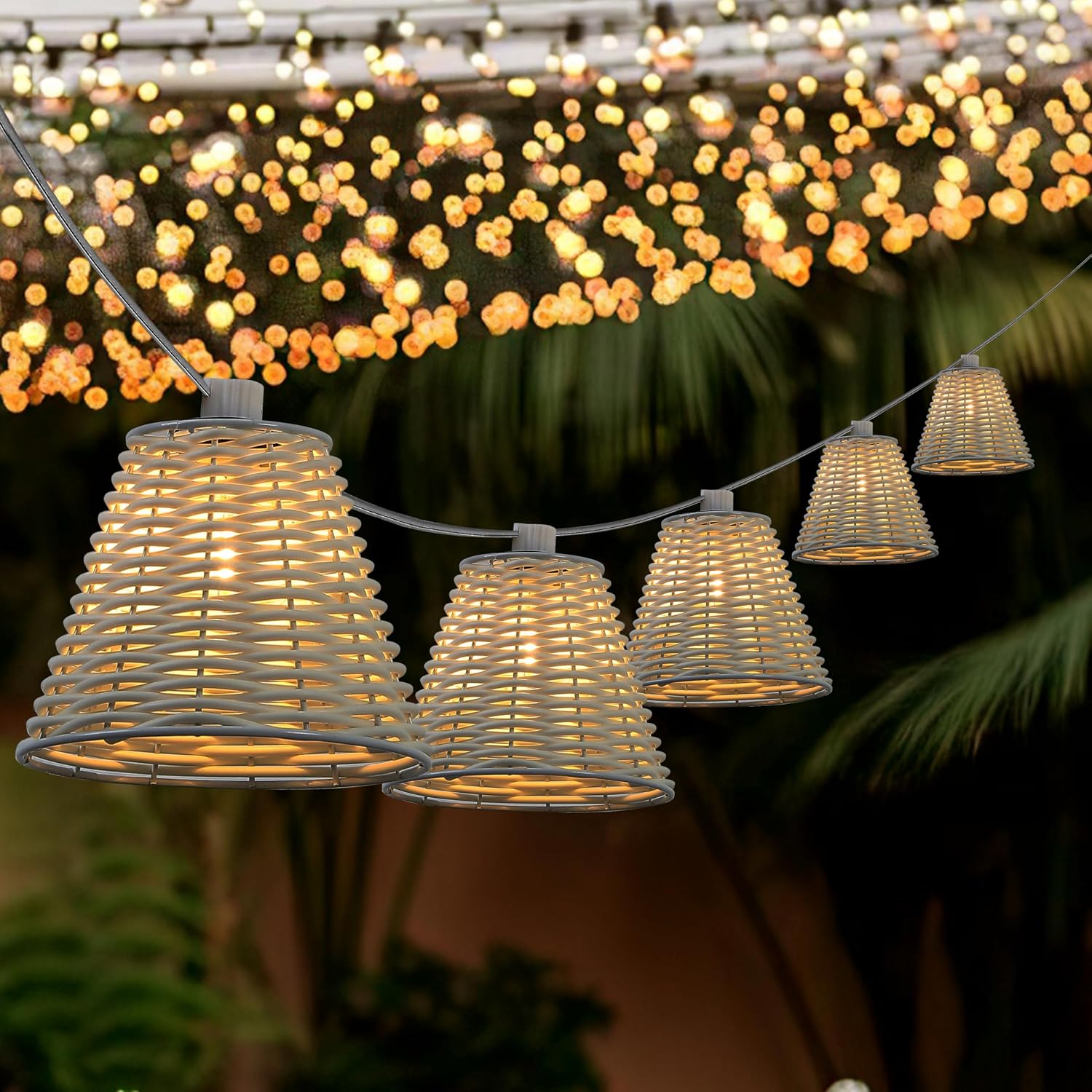 JONATHAN Y 10' White 10-Light Indoor/Outdoor LED String Lights for Patio, Classic Cottage Faux-Rattan Shaded Hanging Lights for Balcony, Deck, Coastal Decor (JYL8706B)