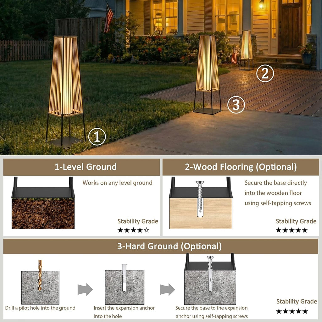 Outdoor Floor Lamp Set of 2, Rattan Solar Lanterns Outdoor Waterproof for Balcony, Deck, Garden & Patio (Natural)