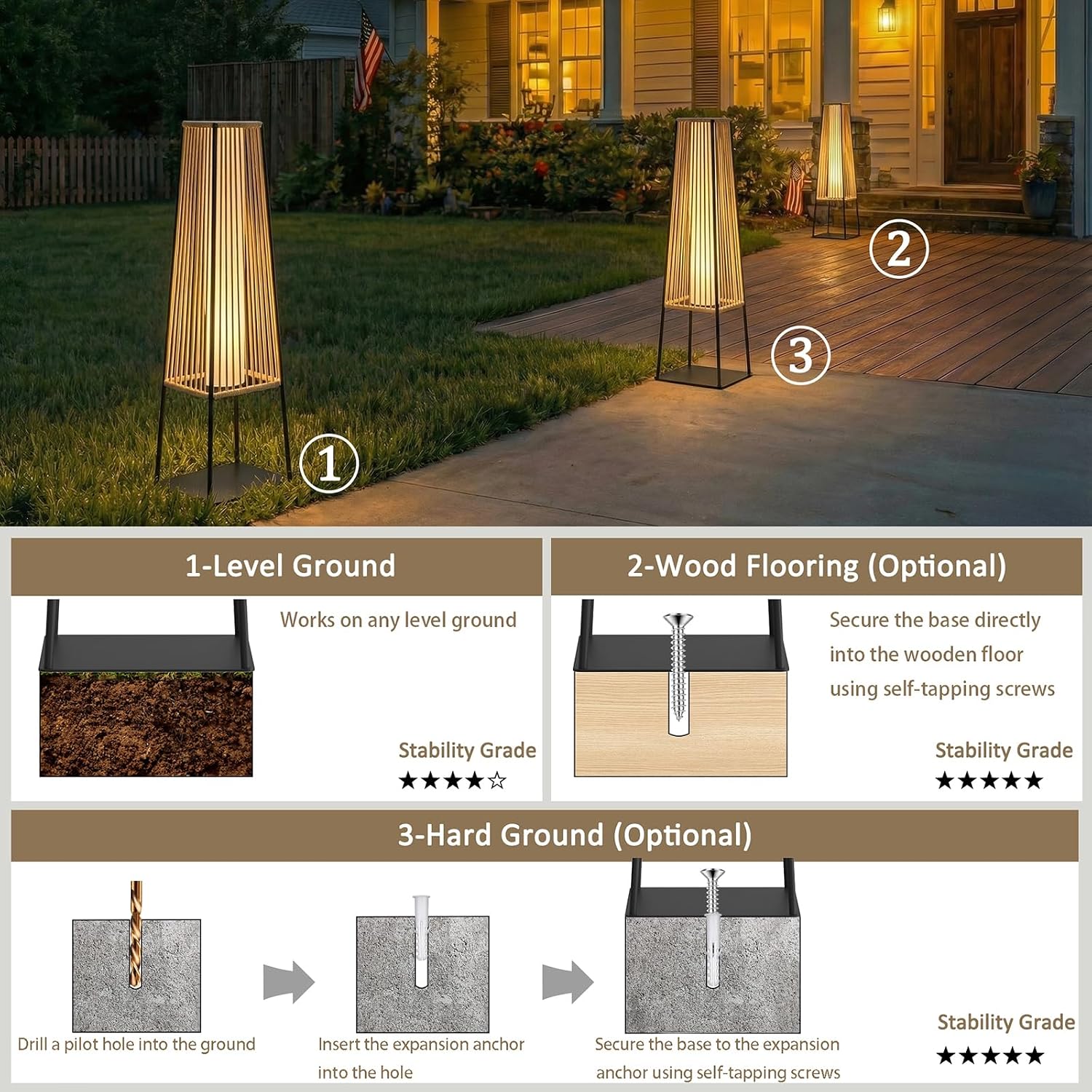Outdoor Floor Lamp Set of 2, Rattan Solar Lanterns Outdoor Waterproof for Balcony, Deck, Garden & Patio (Natural)