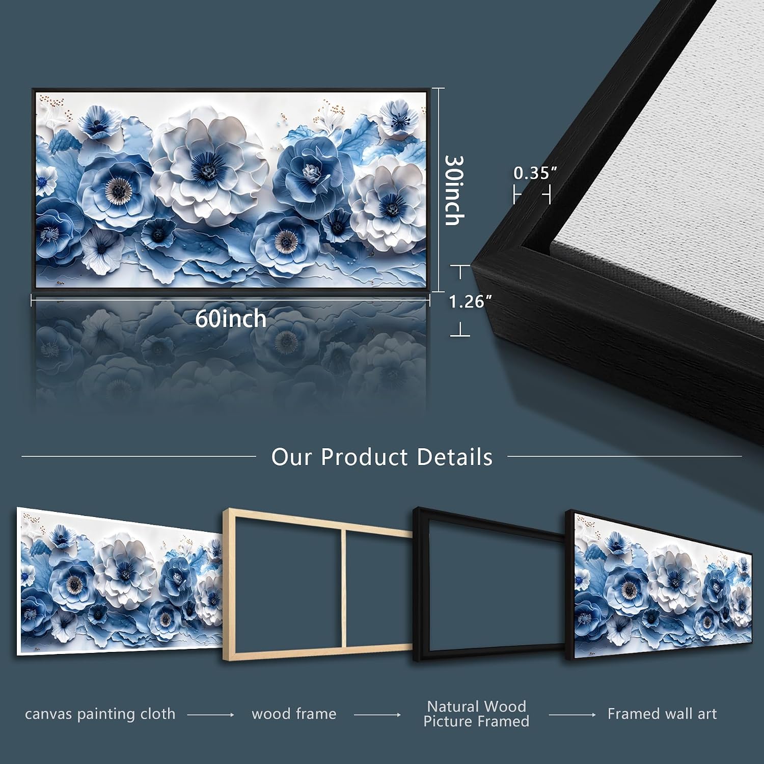 XIGUANGART Large Wall Art for Living Room Blue and White Flower Prints Paintings for Office Modern Black Framed Artwork Floral Pictures Wall Decoration for Bedroom Kitchen Women Aesthetic Home Decor
