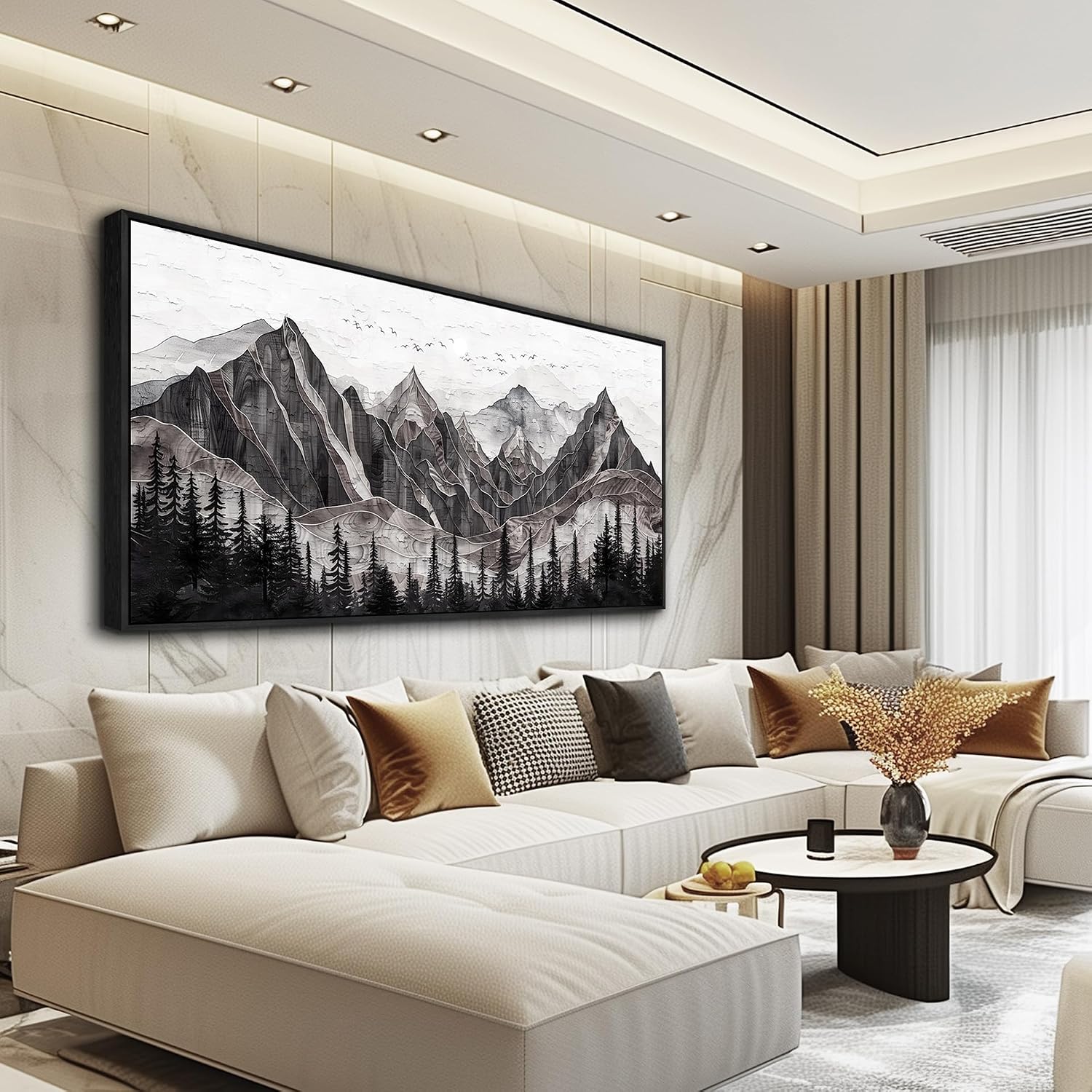 XIGUANGART Large Abstract Mountain Wall Art Black and White Canvas Art Print Painting Forest Nature Watercolour Wall Decor Modern Rustic Landscape Picture for Living Room Bedroom Office Decorations