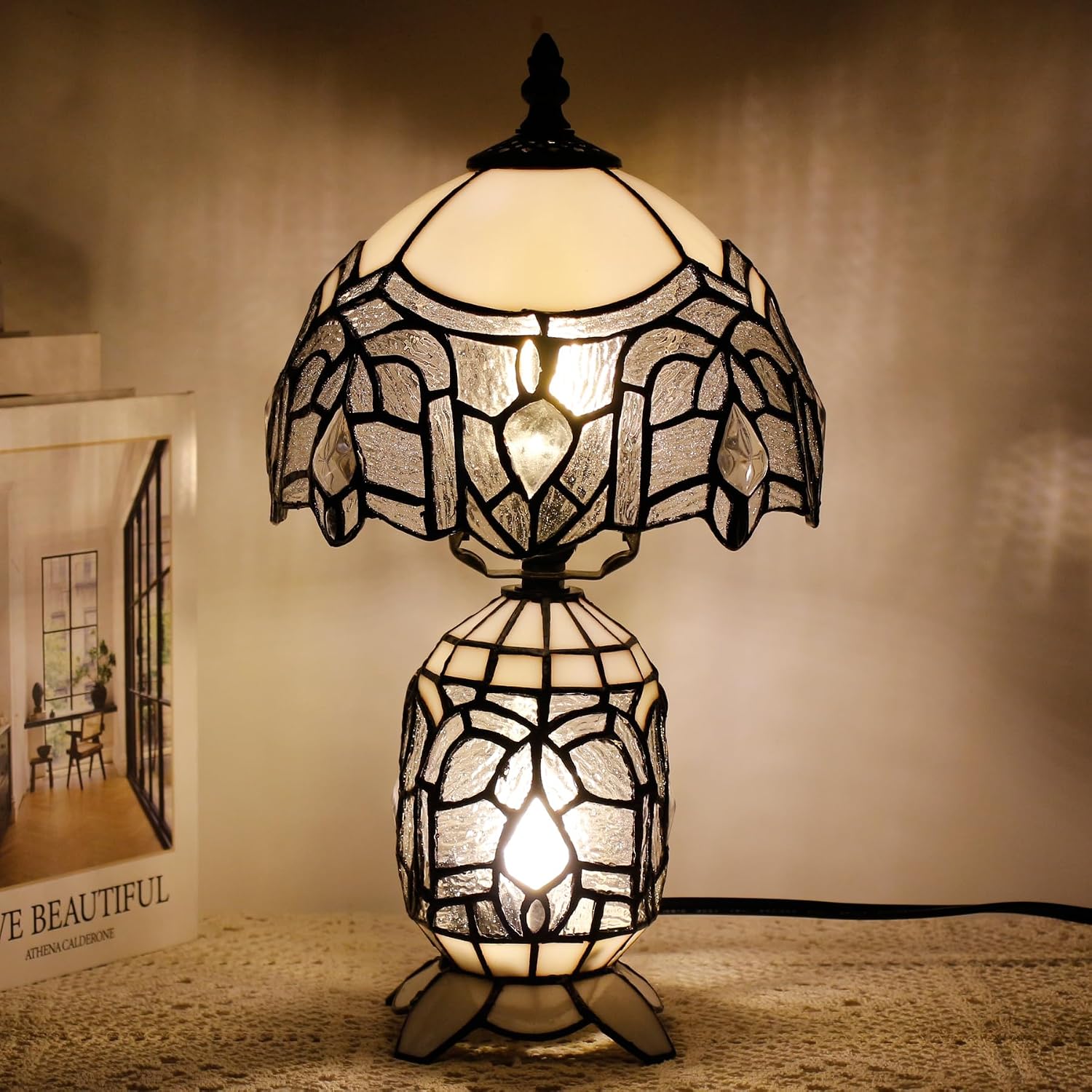 Small Tiffany Lamp Stained Glass Table Lamp Mini Mother Daughter Vase Desk Accent Light for Bedroom Bedside Reading Home Antique Style Decor 8X14 Inches (White)