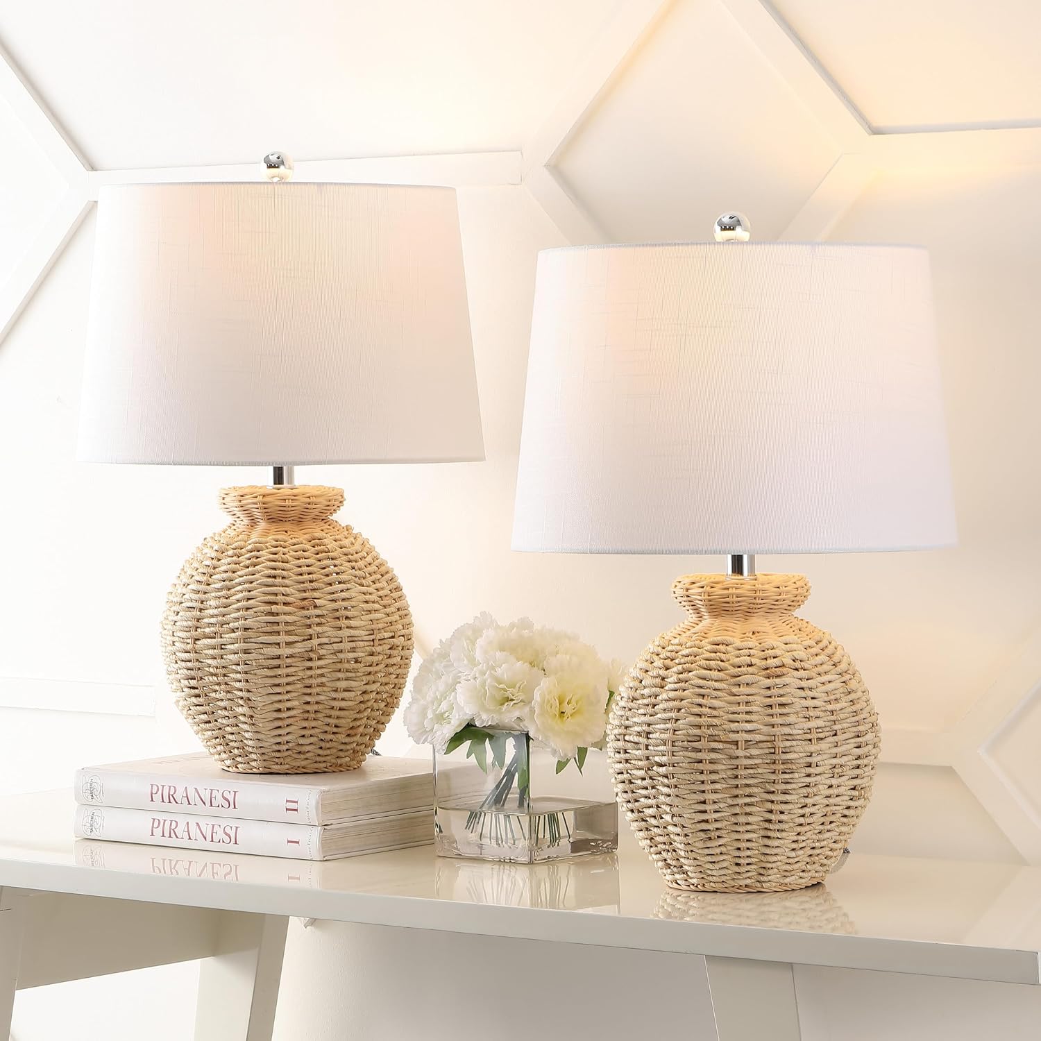 JONATHAN Y 22' Brown Rattan Rustic Coastal Table Lamp Set of 2, Woven Wicker Globe Base with White Linen Shade for Living Room Bedroom, UL Listed, LED Bulbs Included JYL4050A-SET2