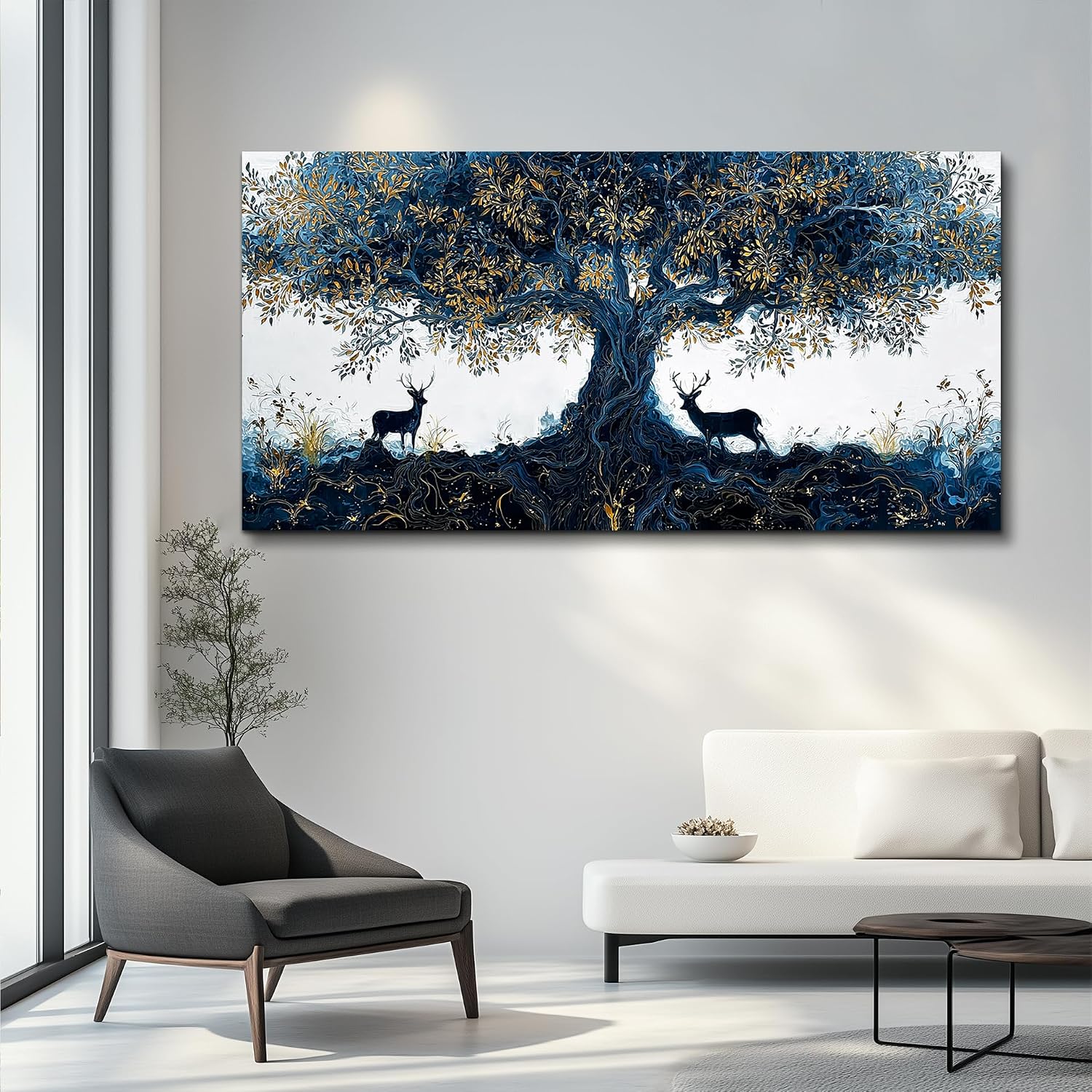 XIGUANGART Blue Tree of Life Wall Art, Large Pictures Wall Art for Living Room, Deer Oversized Wall Decor Elk Animal Canvas Print Painting Modern Extra Large Framed Artwork for Bedroom Office 60'x30'